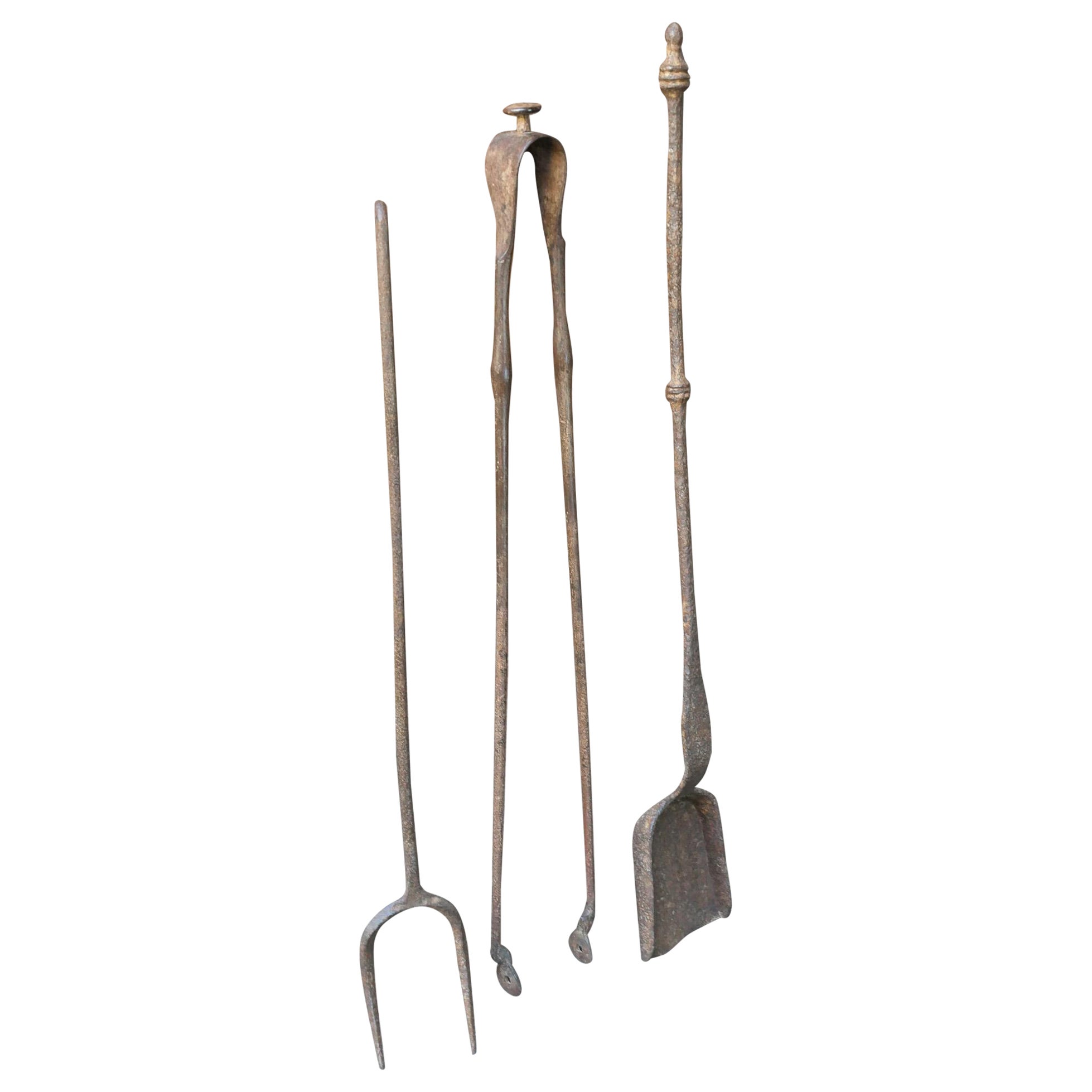 Outils de cheminée français rustiques, 17e-18e siècles