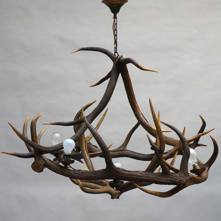 Brass Rustic French Five-Light Antler Chandelier, circa 1950 For Sale