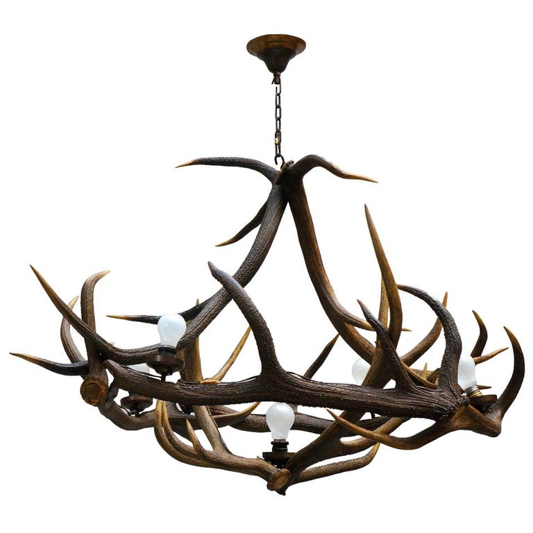 Rustic French Five-Light Antler Chandelier, circa 1950 For Sale