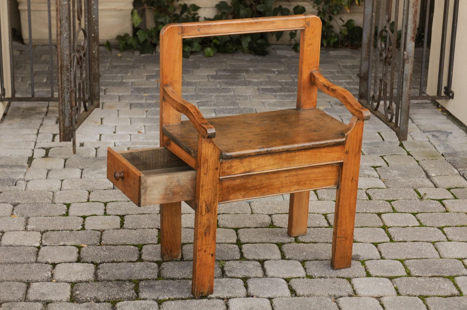 Rustic French Fruitwood Chair with Open Back and Lateral Drawer, circa 1820 3