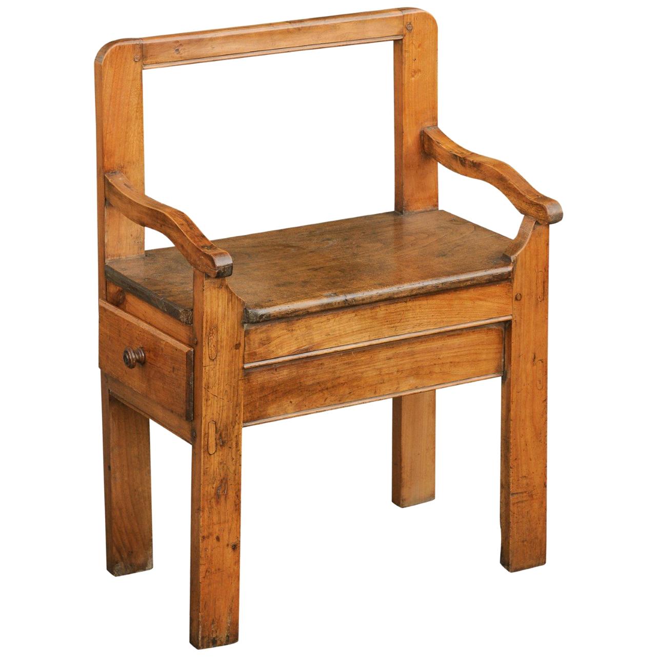 Rustic French Fruitwood Chair with Open Back and Lateral Drawer, circa 1820