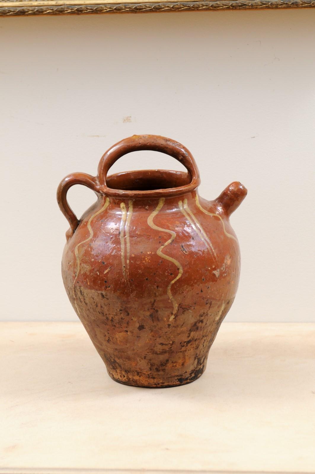 Rustic French Glazed Terracotta 19th Century Oil Jug with Distressed Appearance For Sale 3
