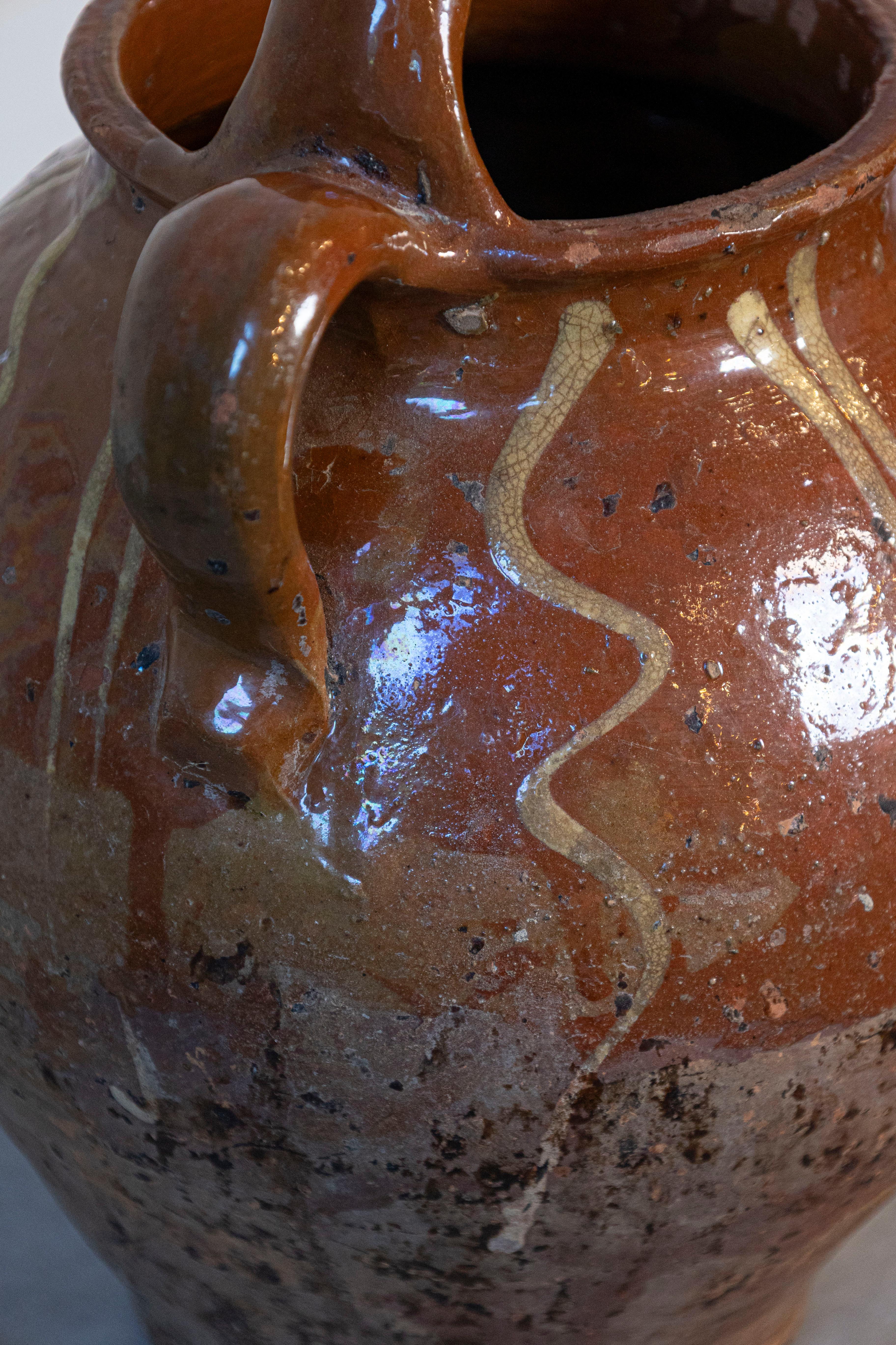 Rustic French Glazed Terracotta 19th Century Oil Jug with Distressed Appearance For Sale 4