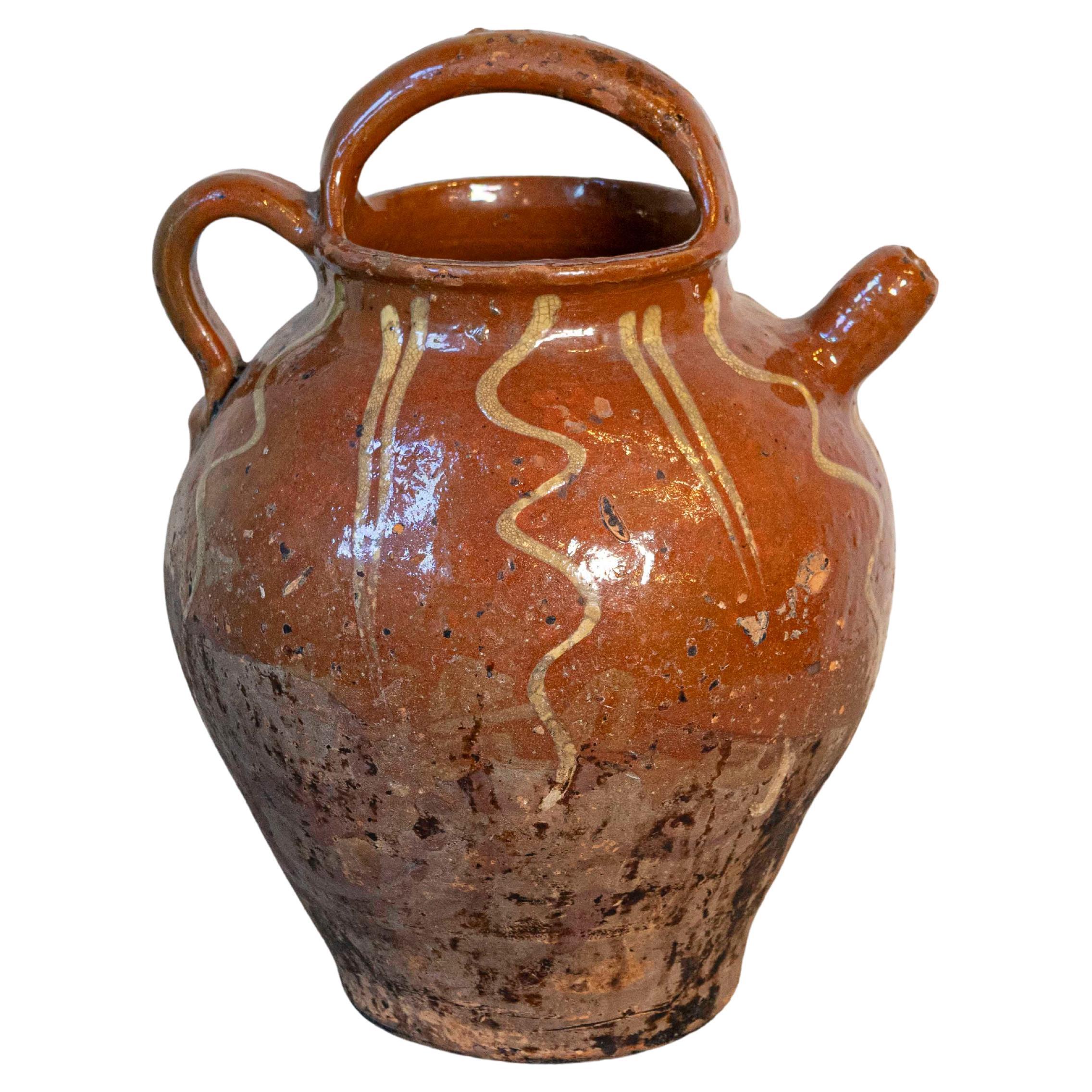 Jarra rústica francesa de terracota esmaltada del siglo XIX con aspecto envejecido