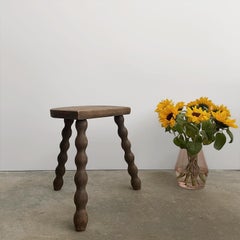 Rustic French Half Moon Tripod Stool with Turned Wood Legs