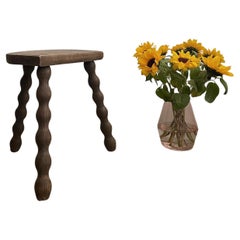 Rustic French Half Moon Tripod Stool with Turned Wood Legs
