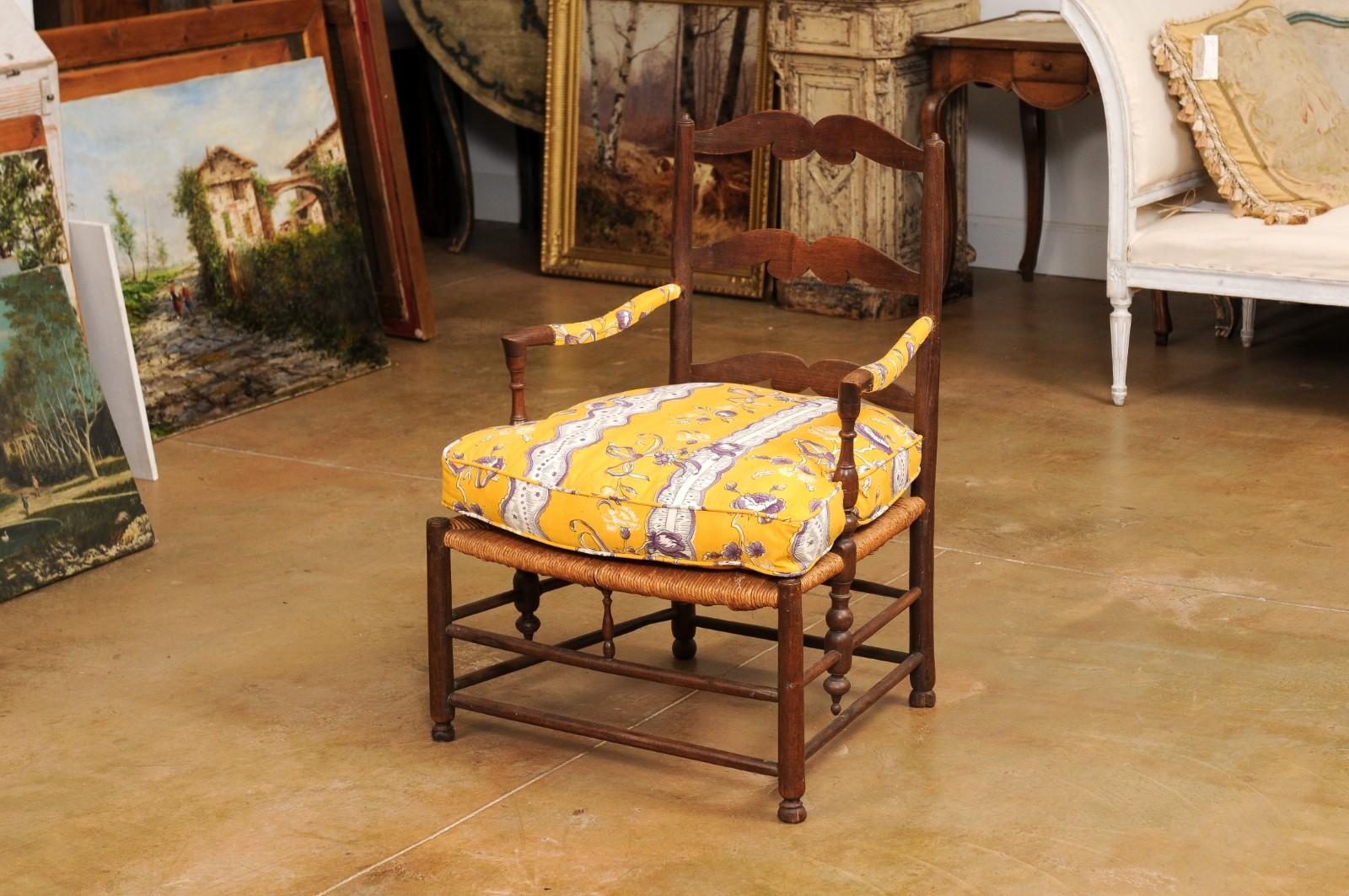 Rustic French Late 18th Century Walnut Armchair with Rush Seat and Cushion 6