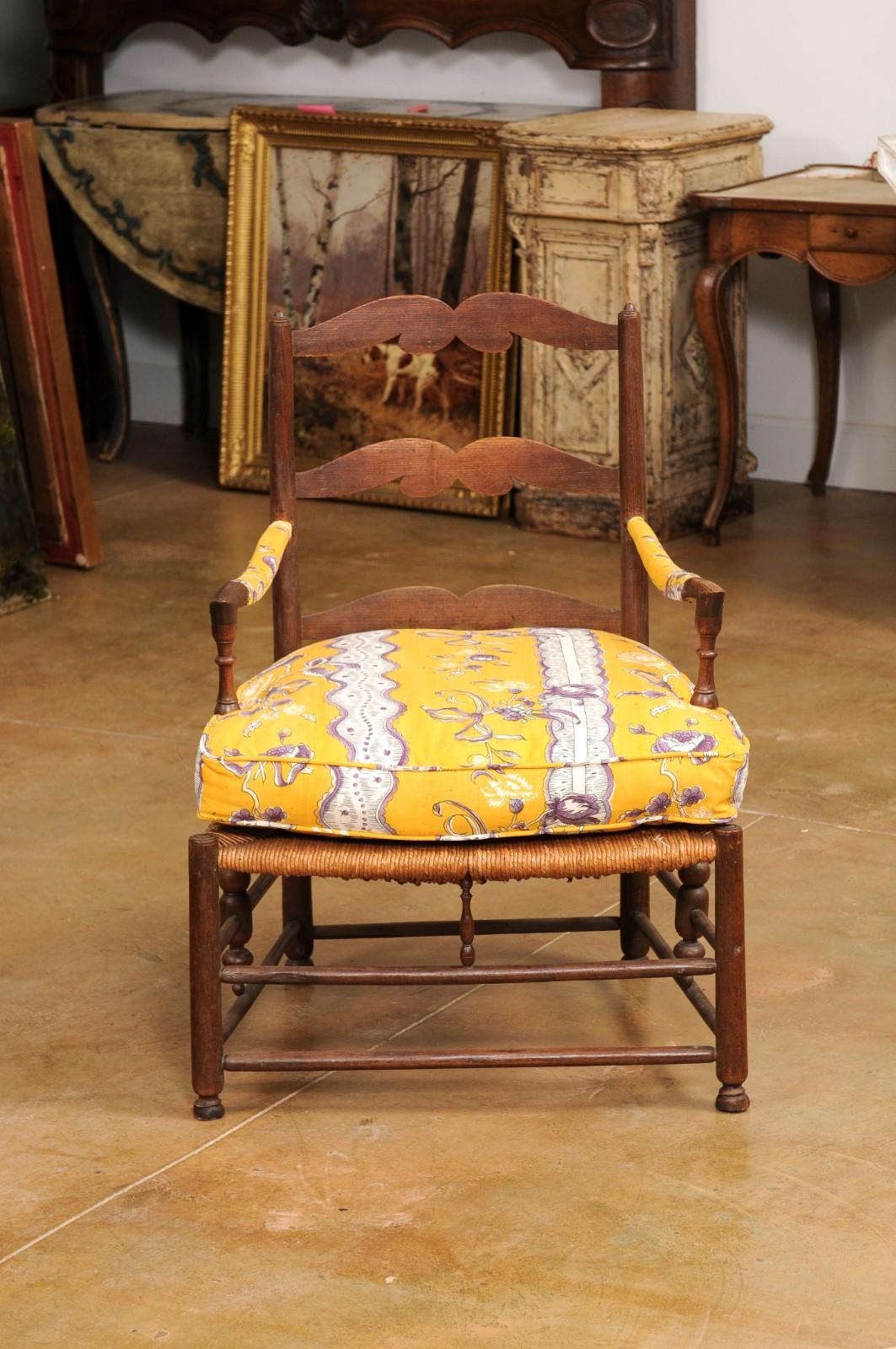 Rustic French Late 18th Century Walnut Armchair with Rush Seat and Cushion 7