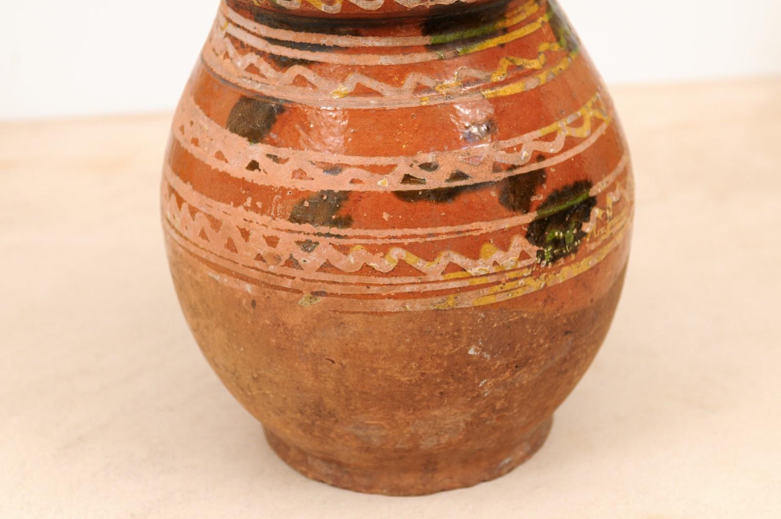 Rustic French Late 19th Century Pottery Jug with Wavy Lines and Large Handle In Good Condition In Atlanta, GA