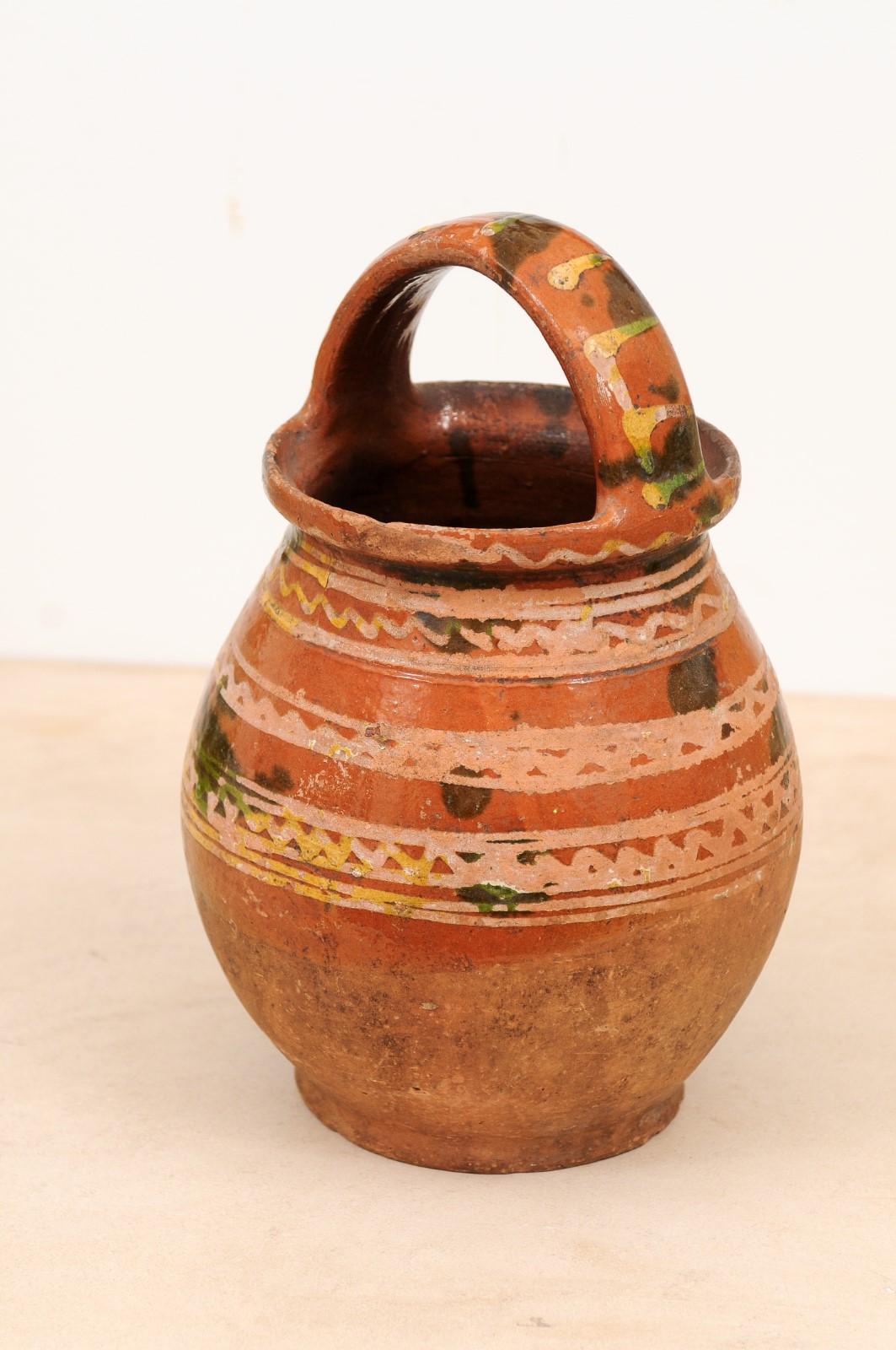 Rustic French Late 19th Century Pottery Jug with Wavy Lines and Large Handle 2