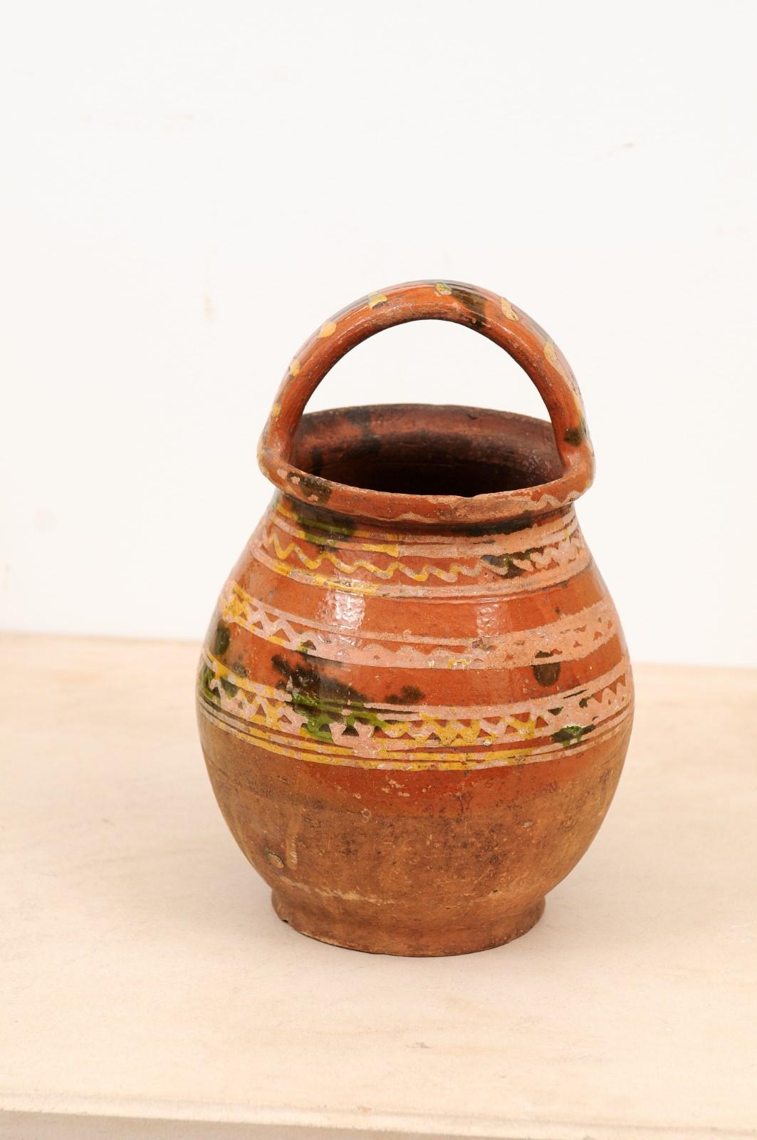 Rustic French Late 19th Century Pottery Jug with Wavy Lines and Large Handle 3