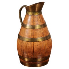 Antique Rustic French Late 19th Century Wooden Wine Jug with Brass Accents