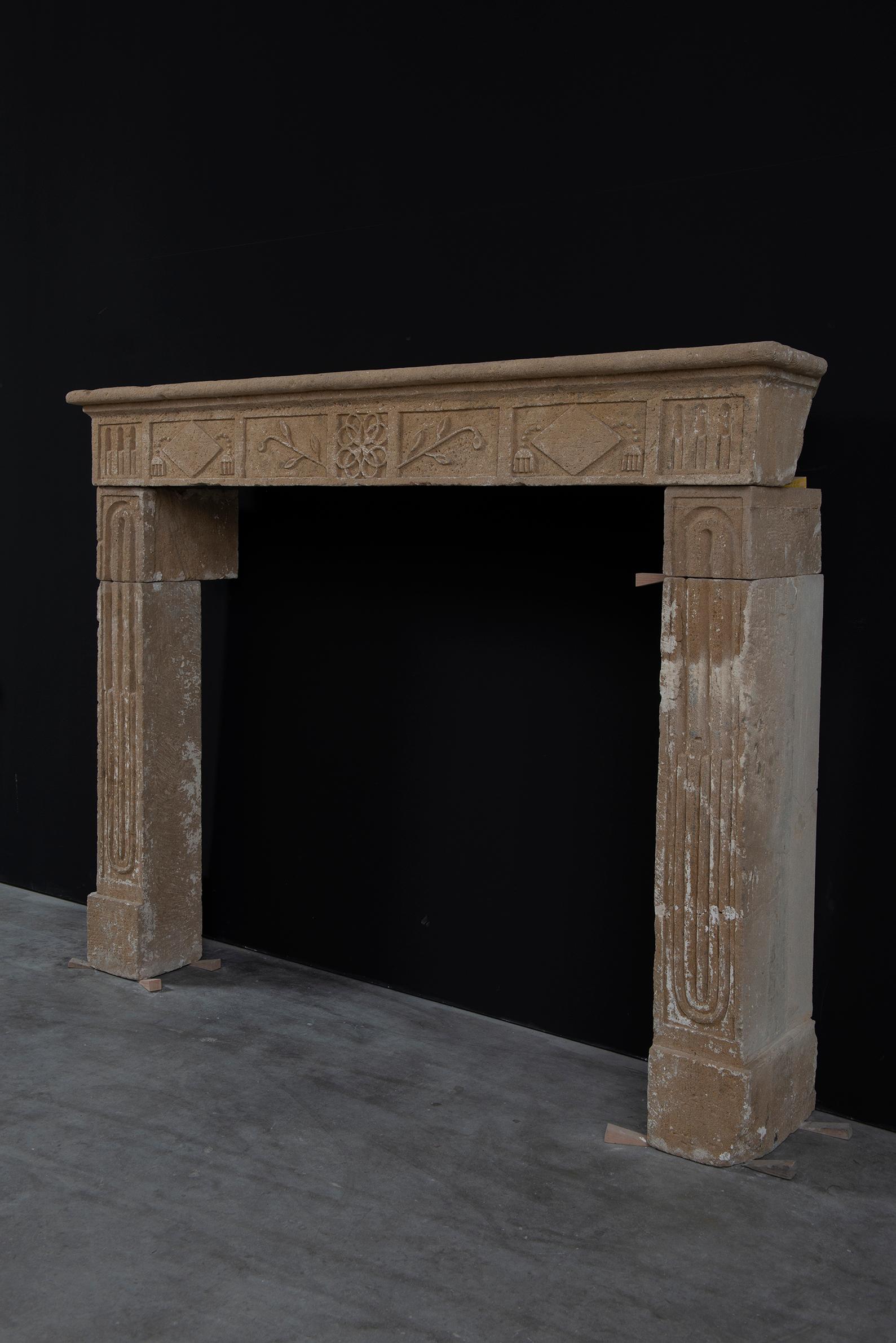 Rustic French Louis XVI Fireplace Mantel in Limestone For Sale 6