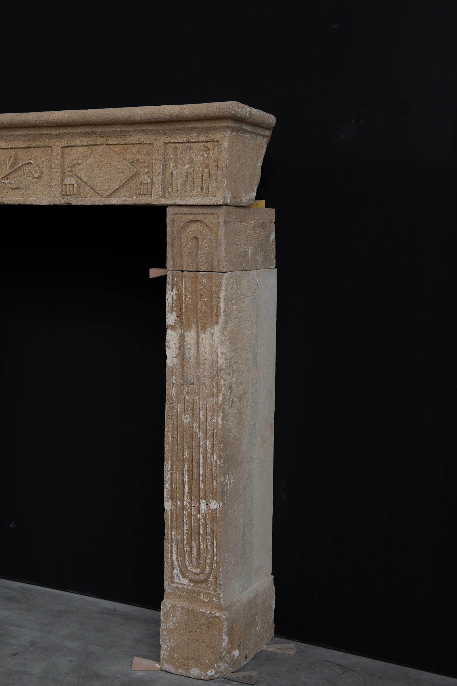 Rustic French Louis XVI Fireplace Mantel in Limestone For Sale 7