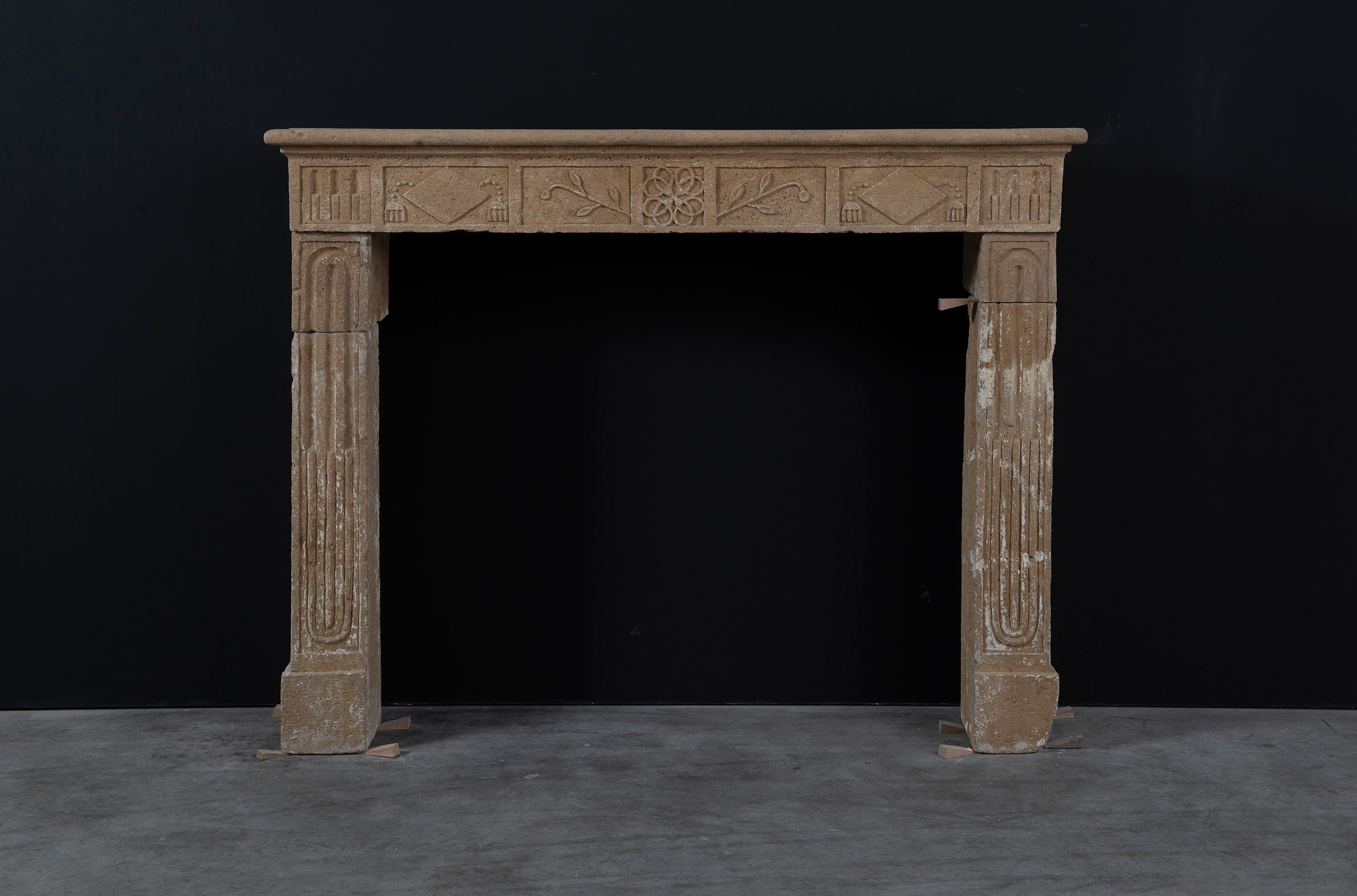 Rustic French Louis XVI Fireplace Mantel in Limestone For Sale 3