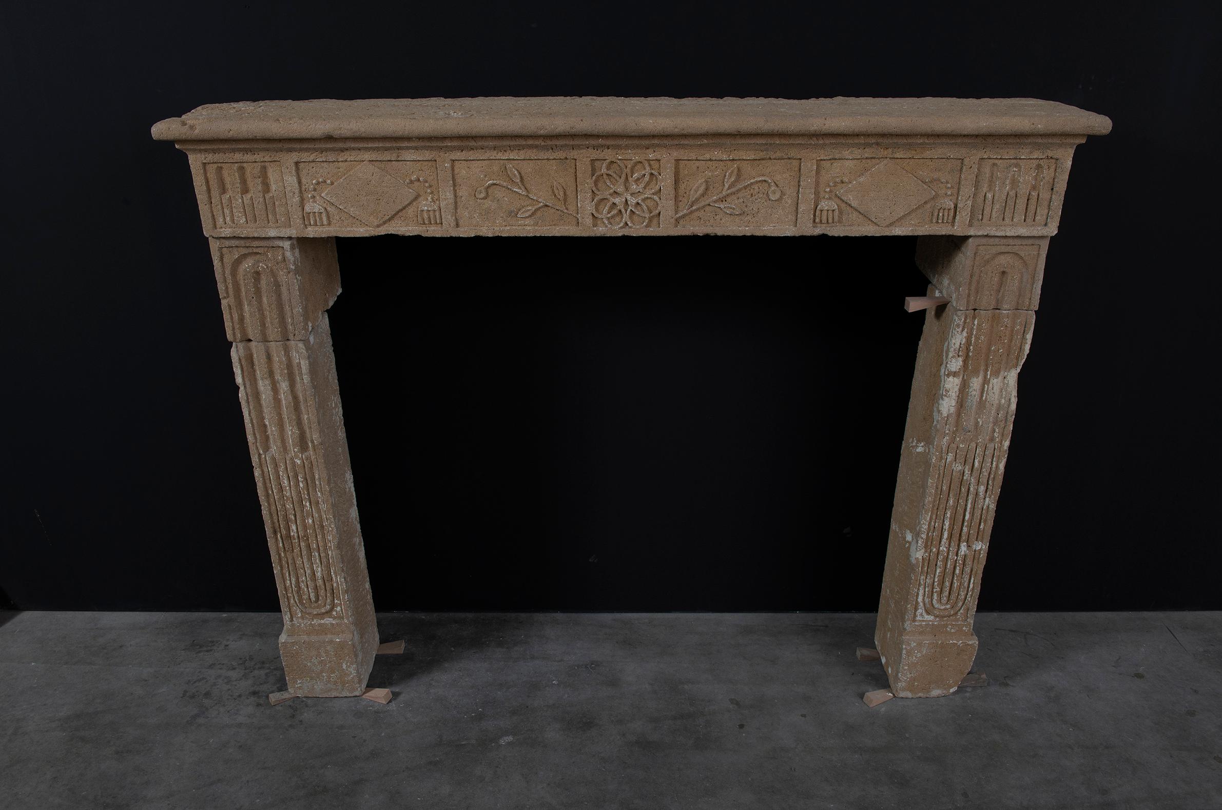 Rustic French Louis XVI Fireplace Mantel in Limestone For Sale 4
