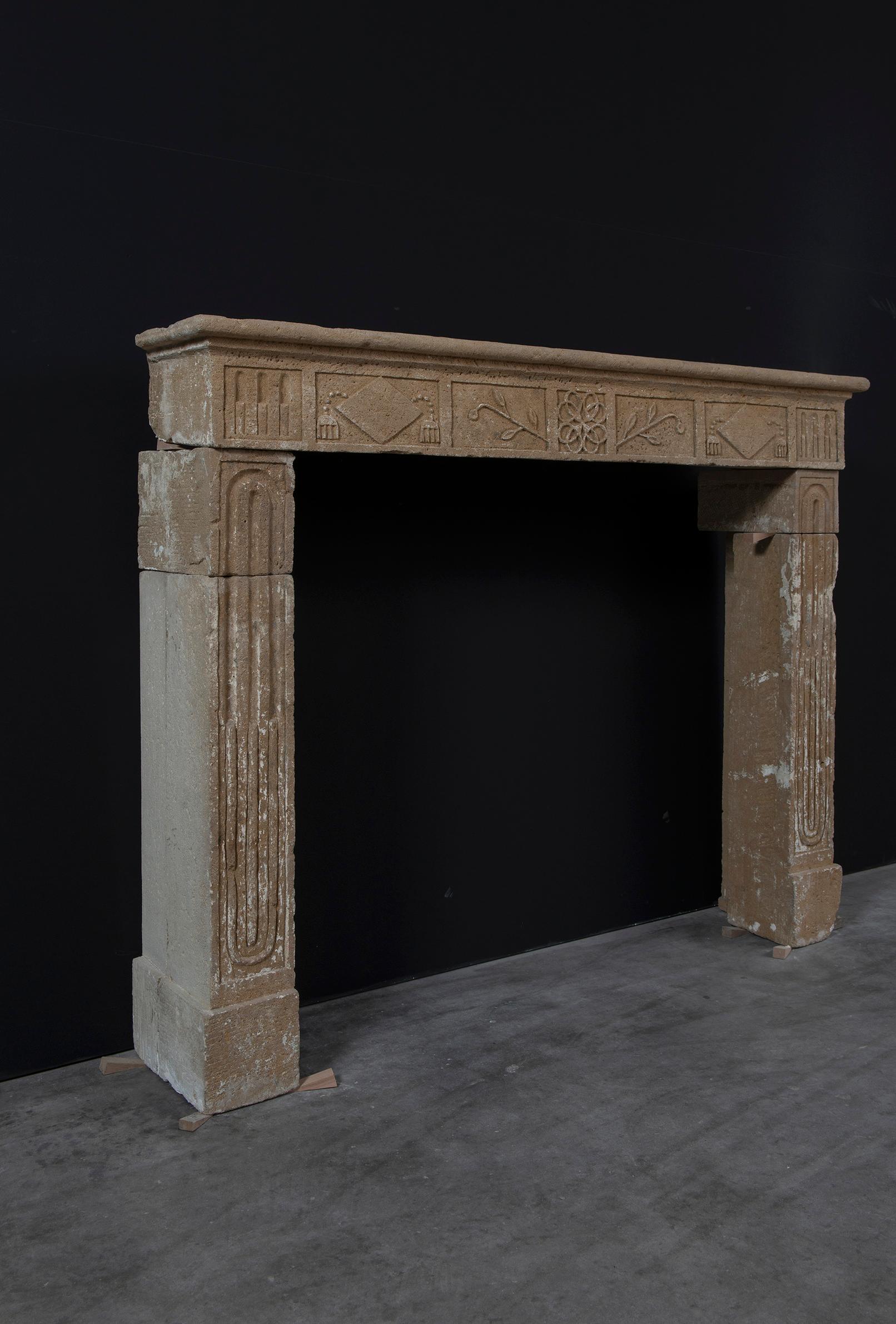 Rustic French Louis XVI Fireplace Mantel in Limestone For Sale 5