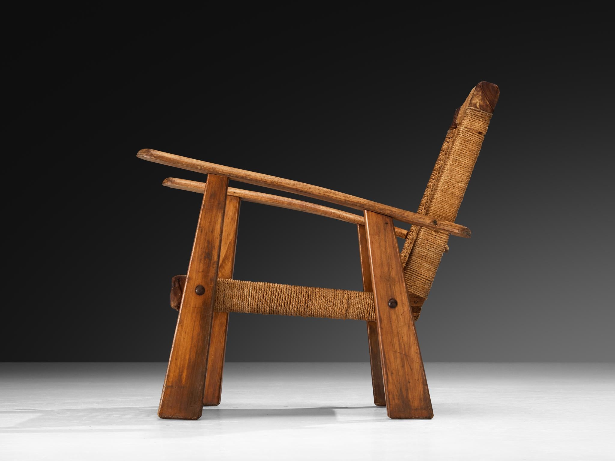 Mid-Century Modern Rustic French Lounge Chair in Rush and Wood For Sale