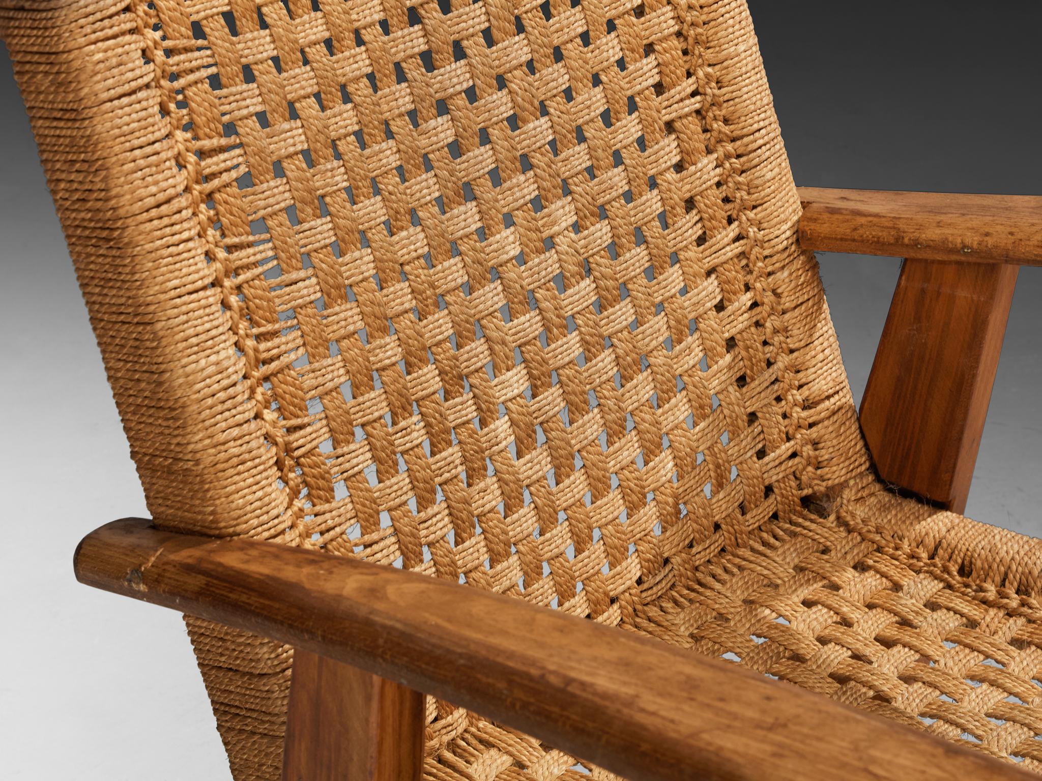 Leather Rustic French Lounge Chair in Rush and Wood For Sale