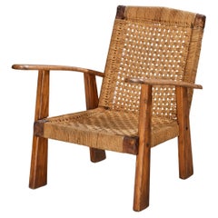 Rustic French Lounge Chair in Rush and Wood