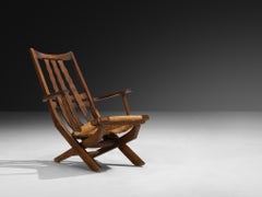 Chaise longue rustique française à dossier haut en chêne et jonc