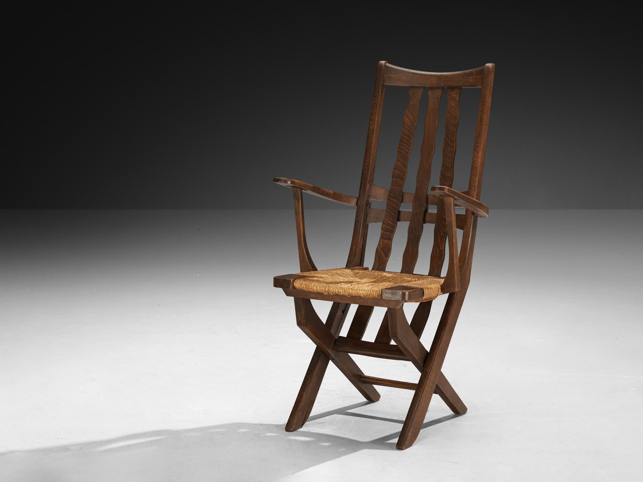 Sedia da salotto francese rustica con schienale alto in Oak e giunco in vendita 1