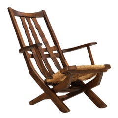Rustic French Lounge Chair with Tall Back in Oak and Rush
