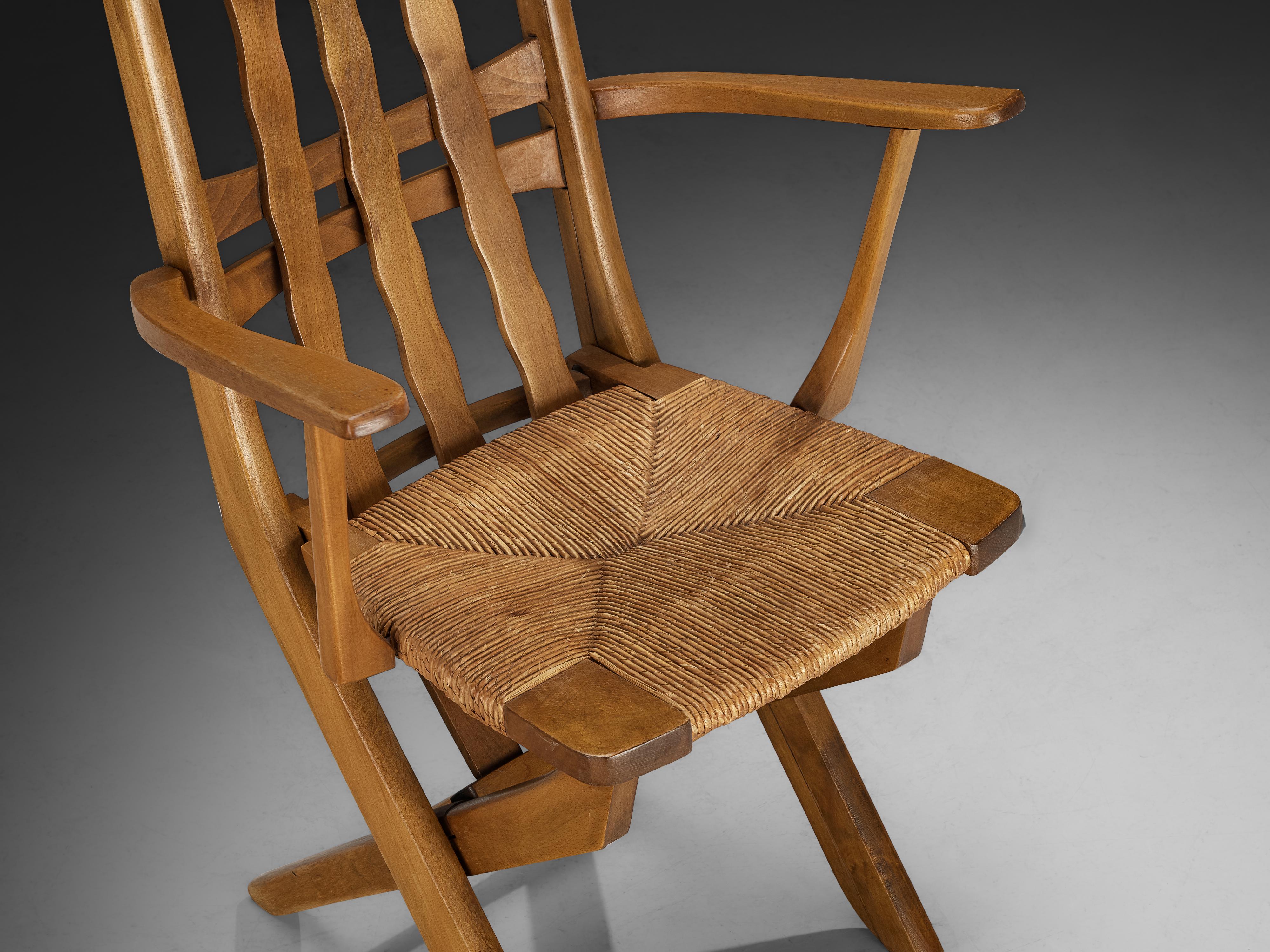 Rustic French Lounge Chairs with Tall Backs in Oak and Rush in vendita 3