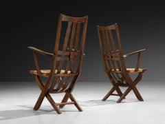 Rustic French Lounge Chairs with Tall Backs in Oak and Rush