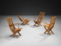 Rustic French Lounge Chairs with Tall Backs in Oak and Rush