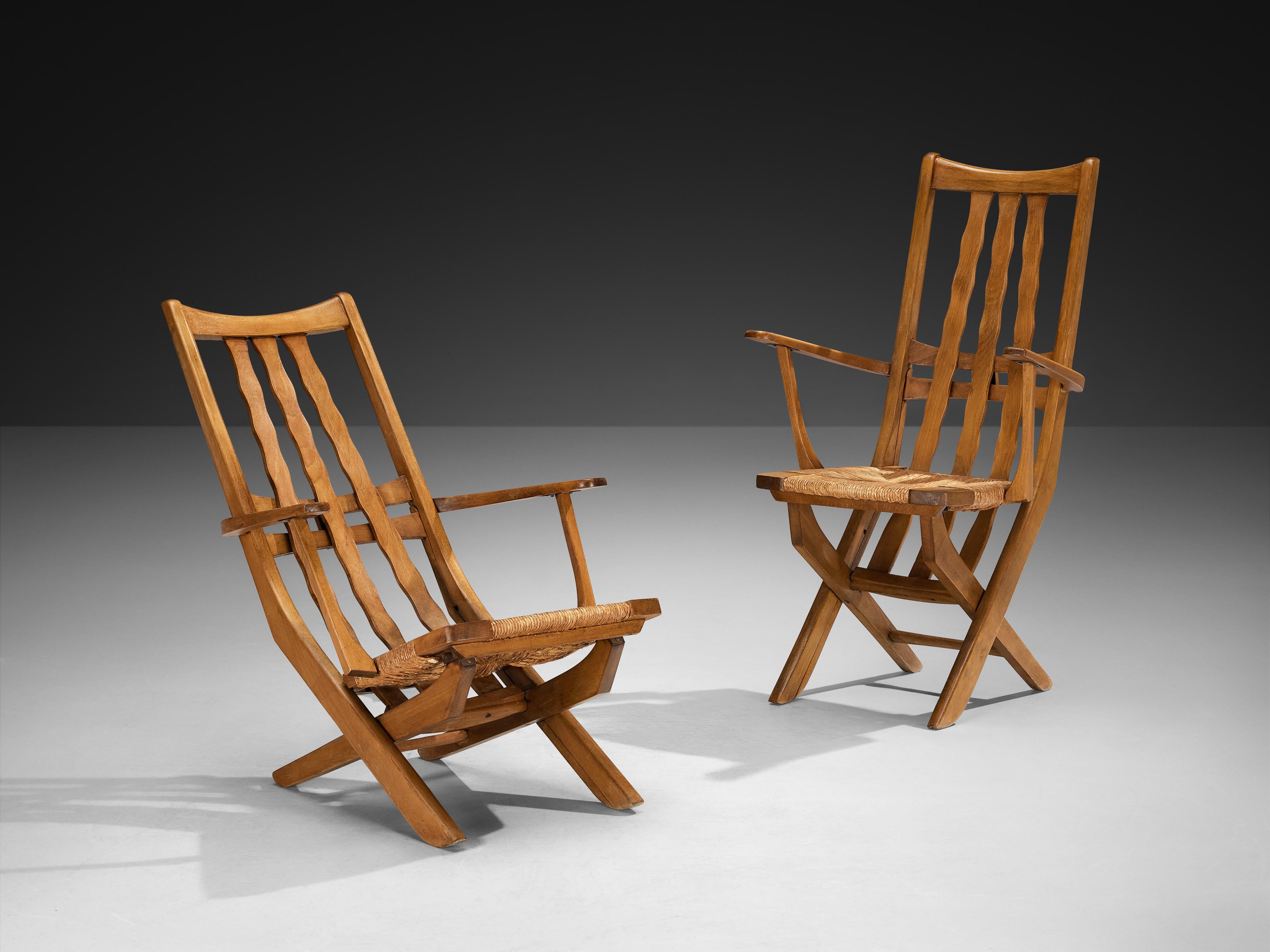 Francese Rustic French Lounge Chairs with Tall Backs in Oak and Rush in vendita