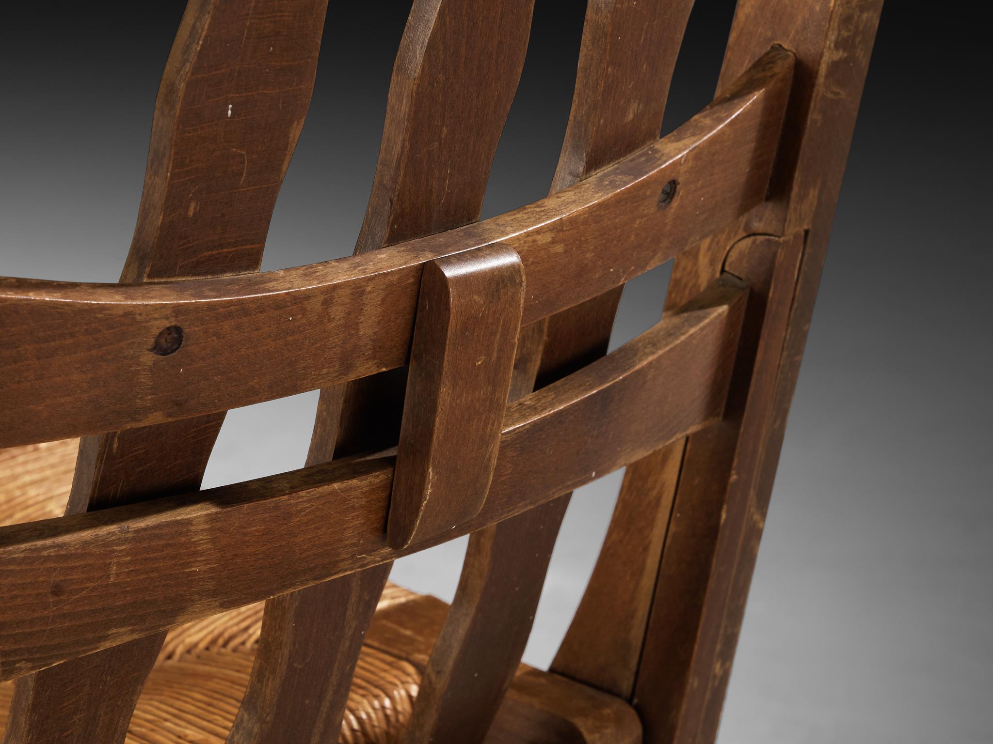 Jonc Fauteuils de salon français rustiques à haut dossier en chêne et jonc en vente