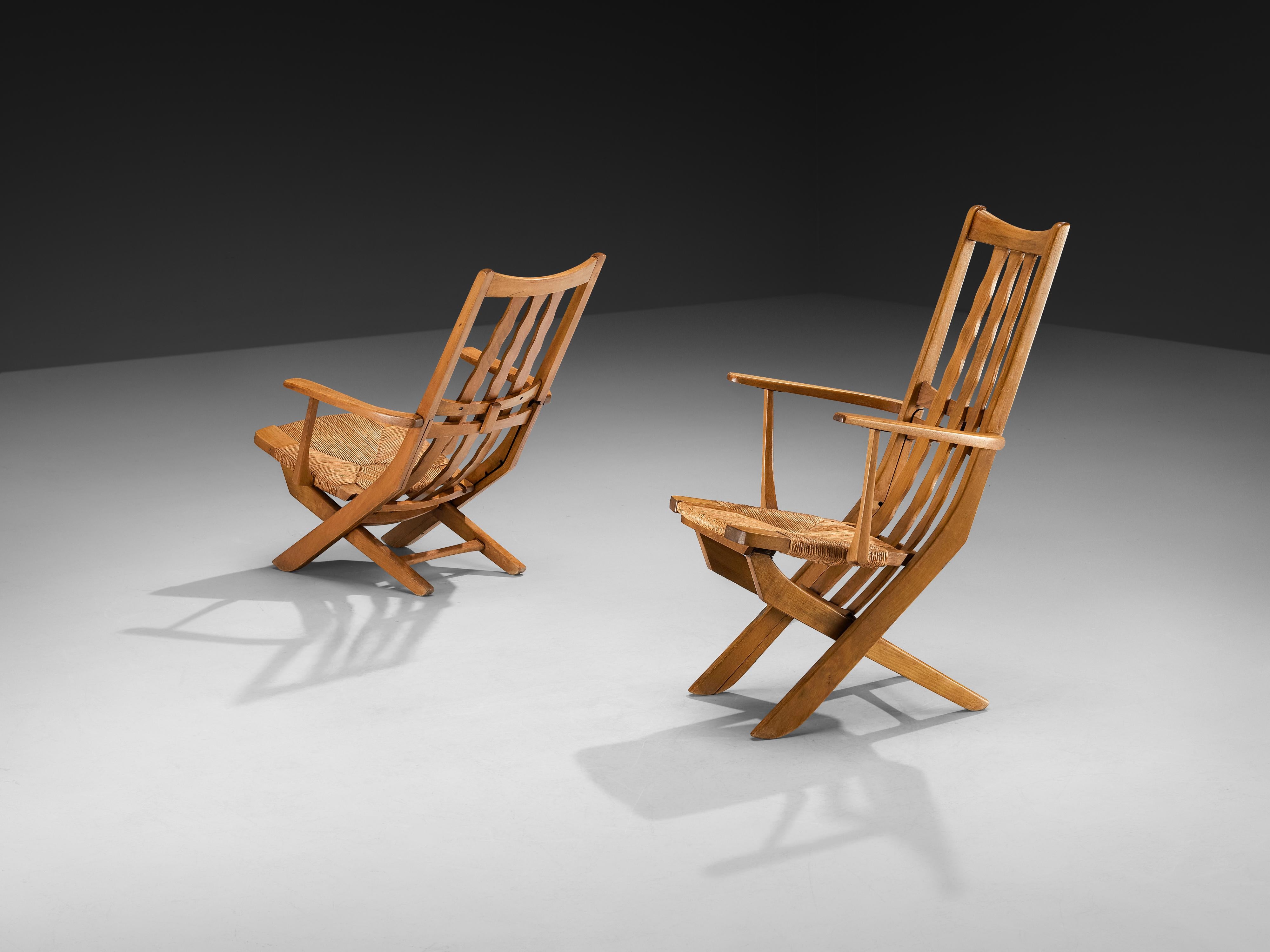 Giunco Rustic French Lounge Chairs with Tall Backs in Oak and Rush in vendita