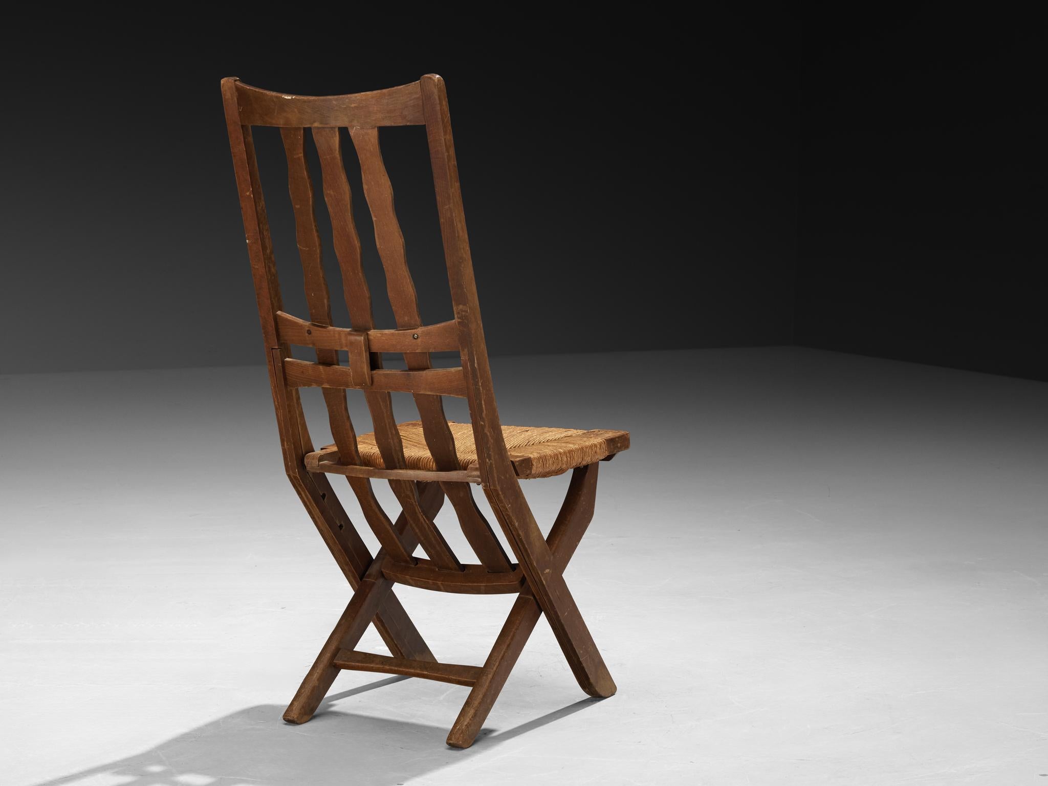 Fauteuils de salon français rustiques à haut dossier en chêne et jonc en vente 1