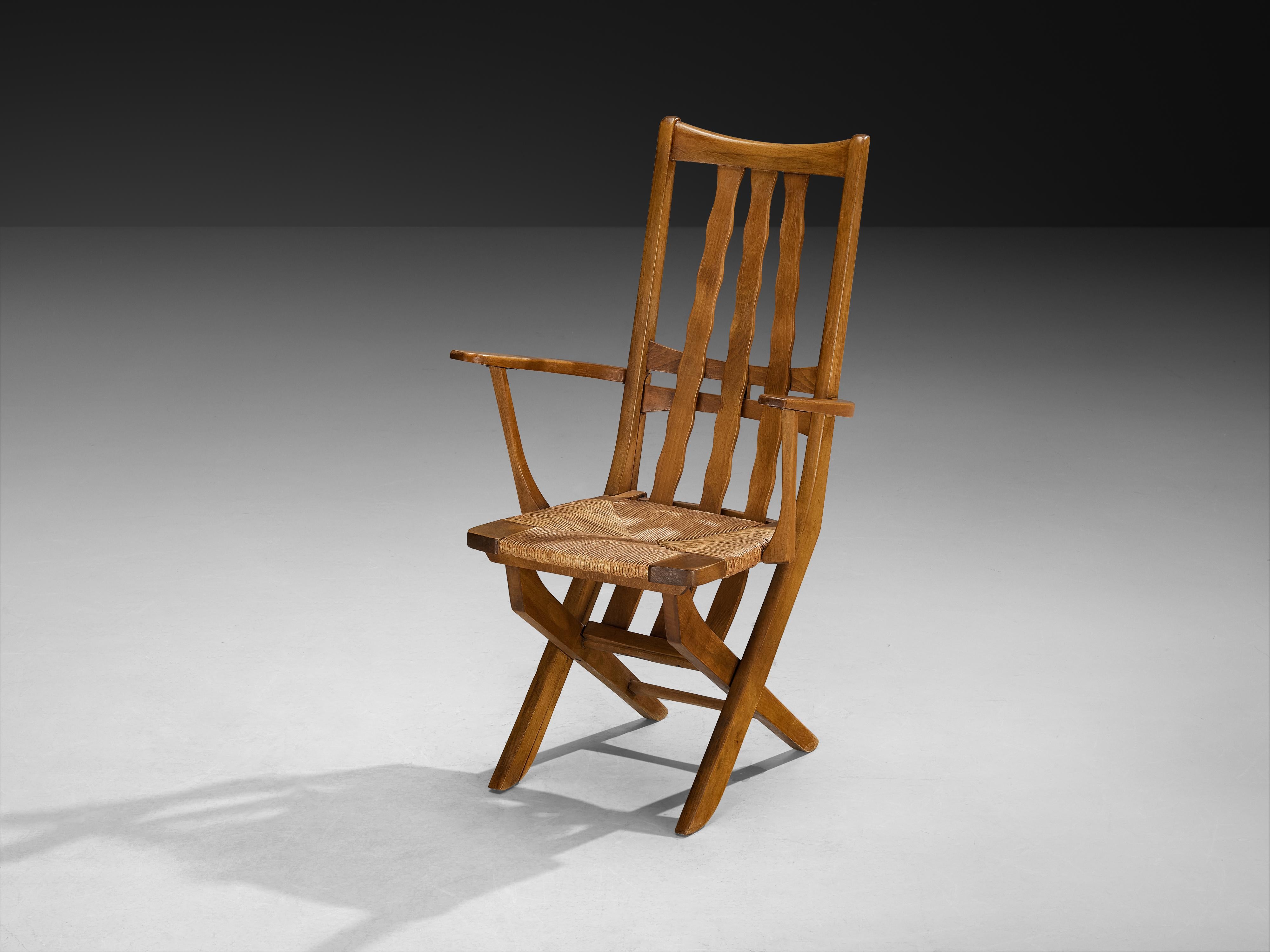 Rustic French Lounge Chairs with Tall Backs in Oak and Rush in vendita 1