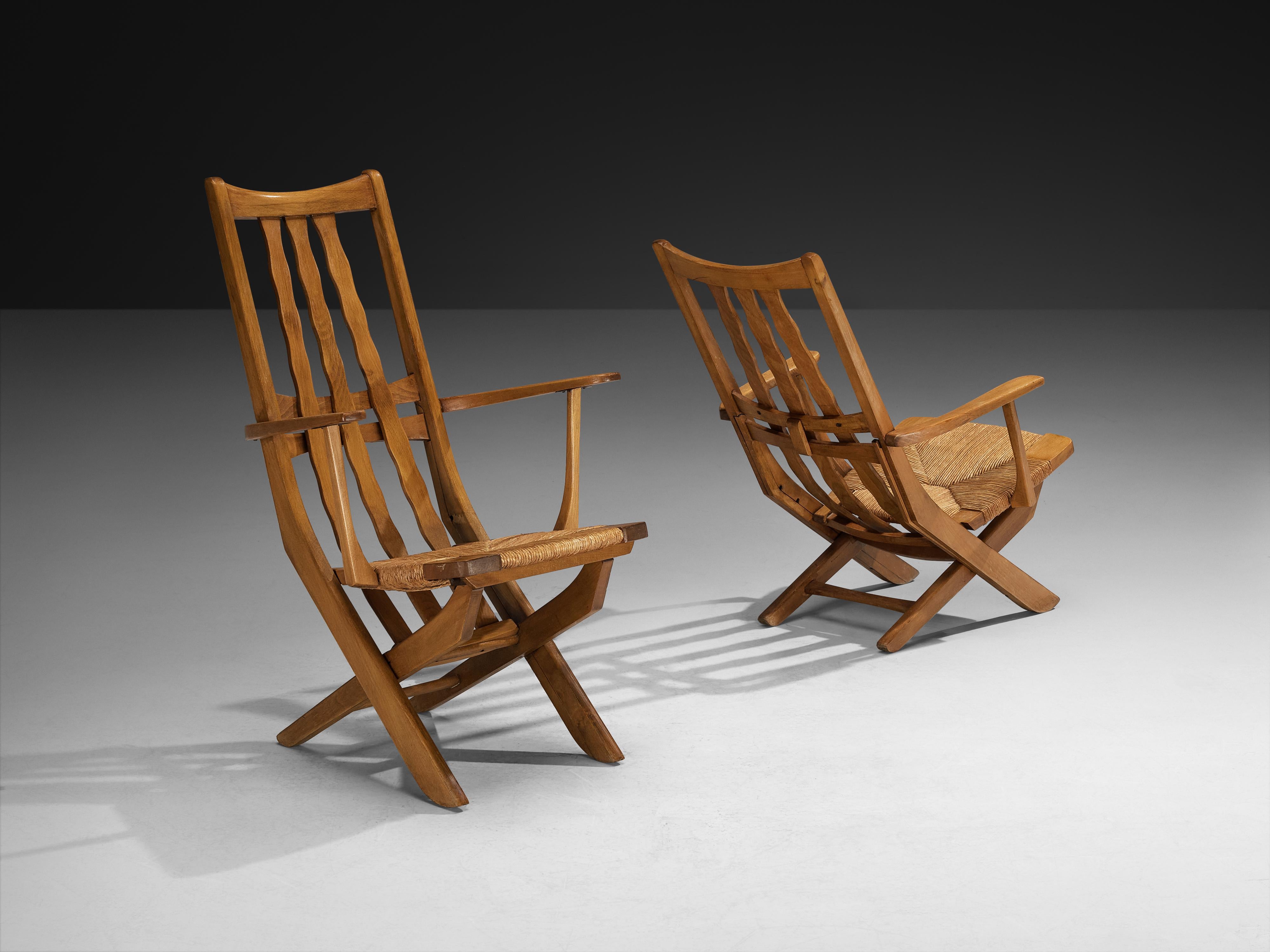 Rustic French Lounge Chairs with Tall Backs in Oak and Rush in vendita 2