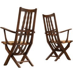 Rustic French Lounge Chairs with Tall Backs in Oak and Rush