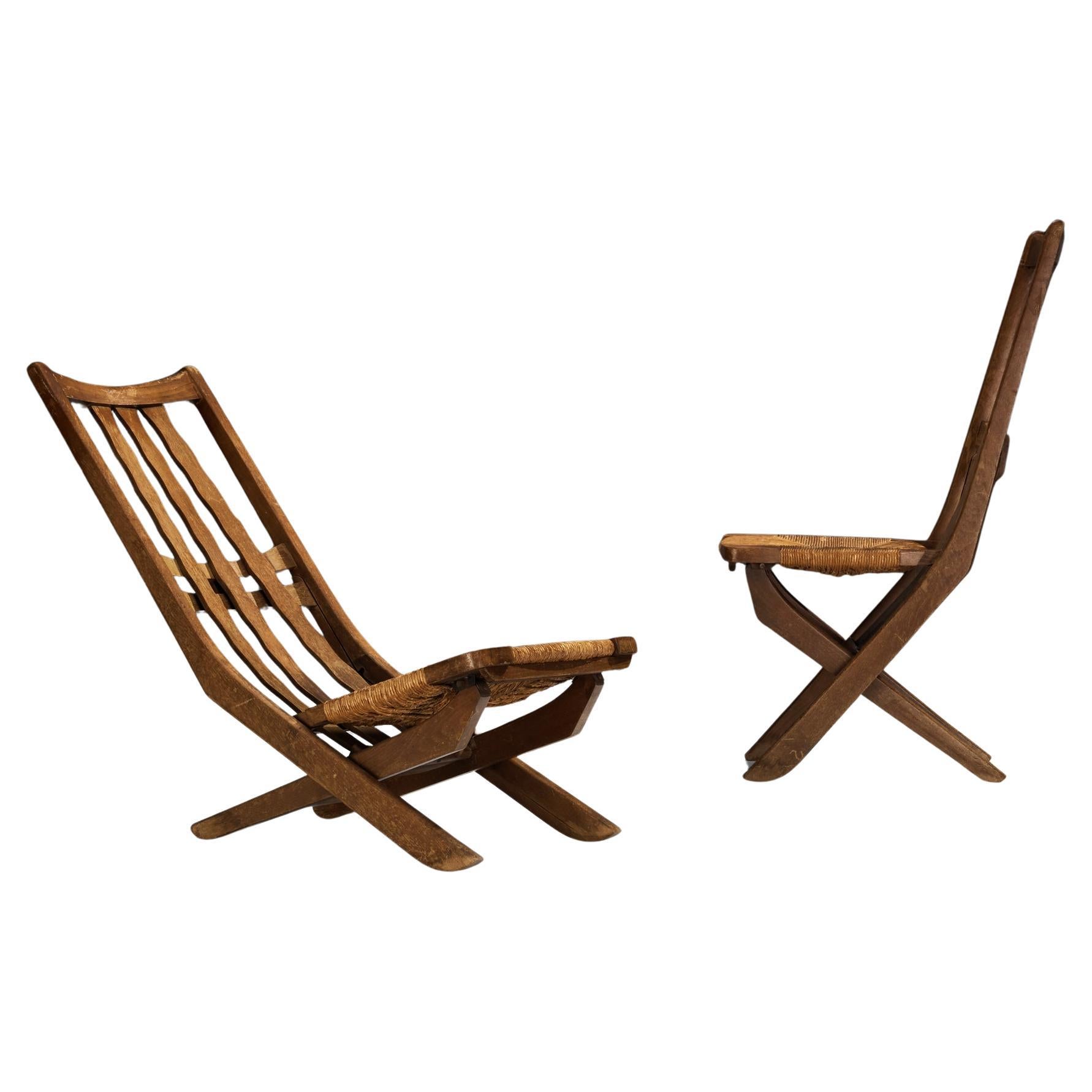 Sedie da salotto francesi rustiche con schienale alto in Oak e giunco