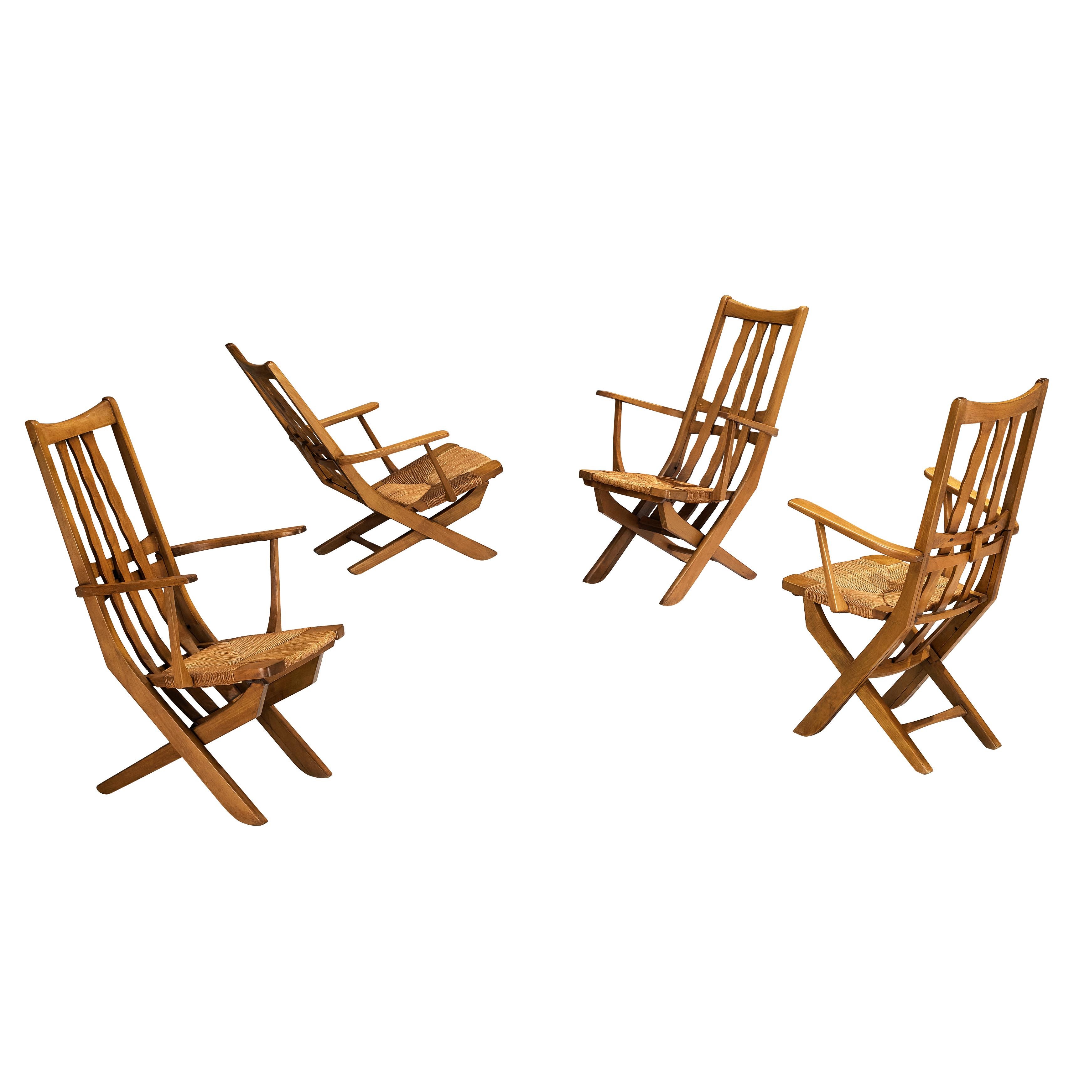 Rustic French Lounge Chairs with Tall Backs in Oak and Rush