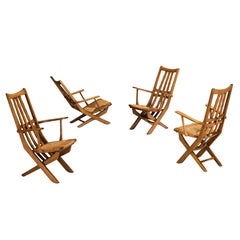 Rustic French Lounge Chairs with Tall Backs in Oak and Rush