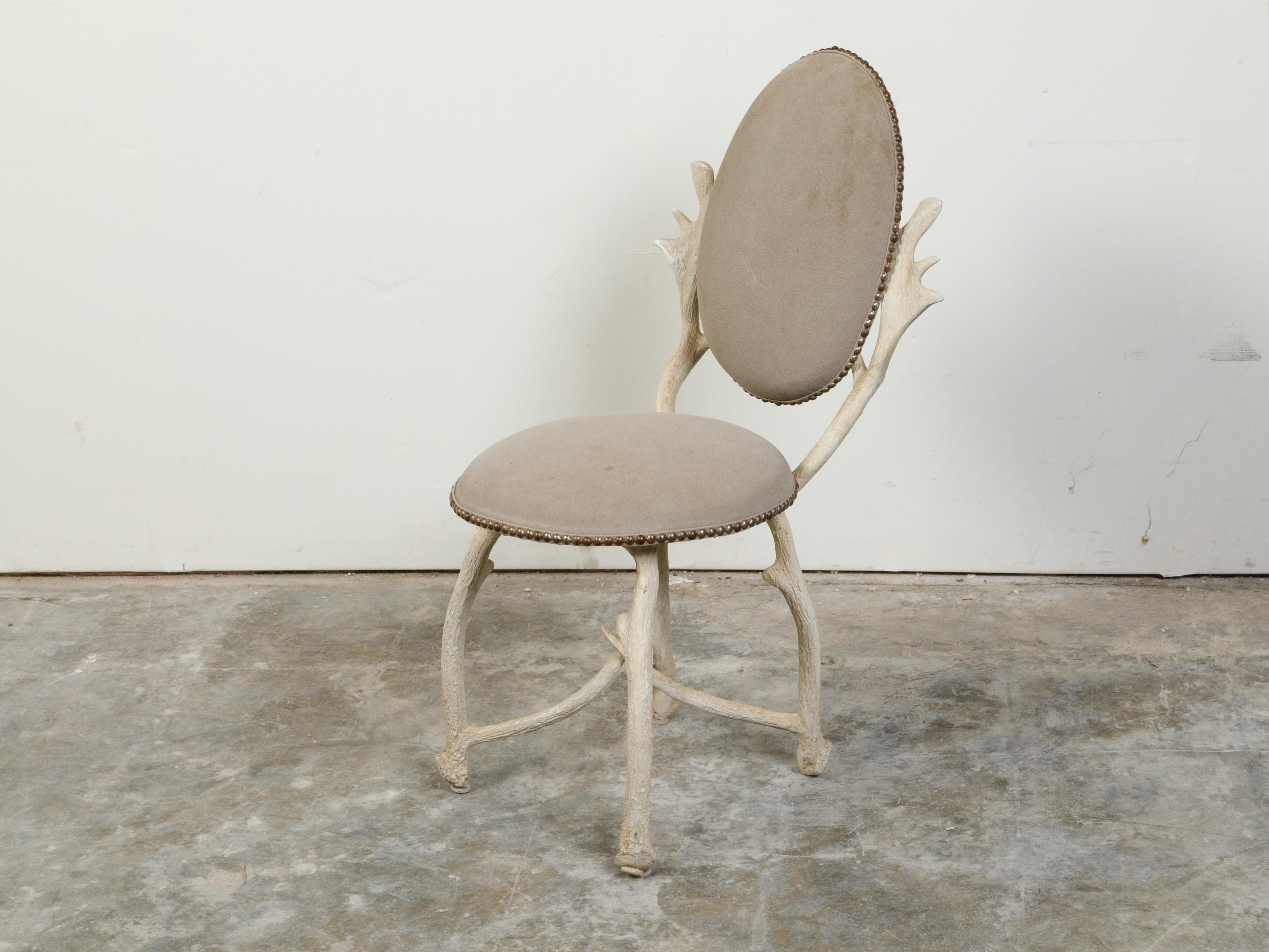 Carved Rustic French Midcentury Oval Back Side Chair with Painted Faux Antler Base