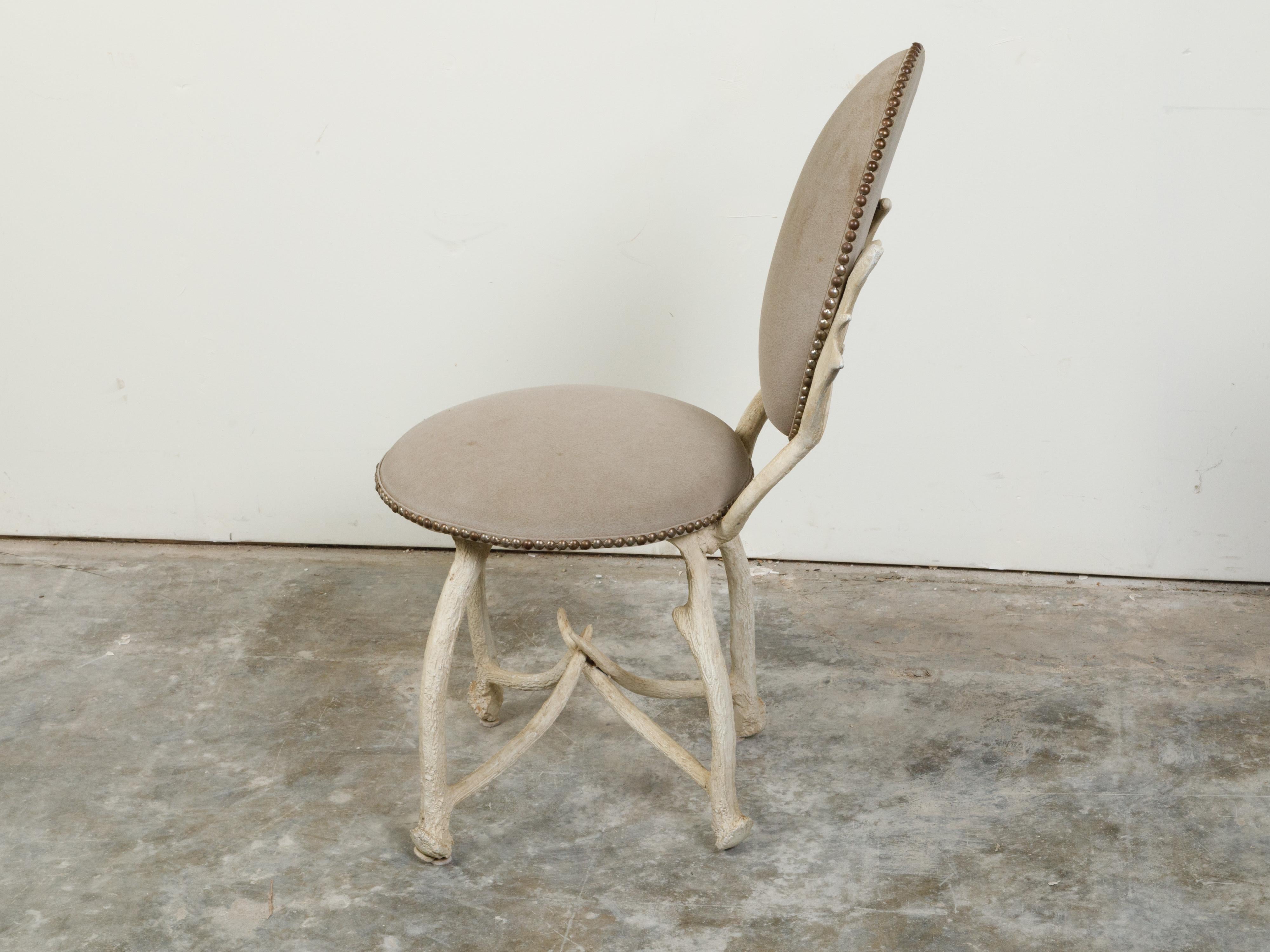 Rustic French Midcentury Oval Back Side Chair with Painted Faux Antler Base In Good Condition In Atlanta, GA