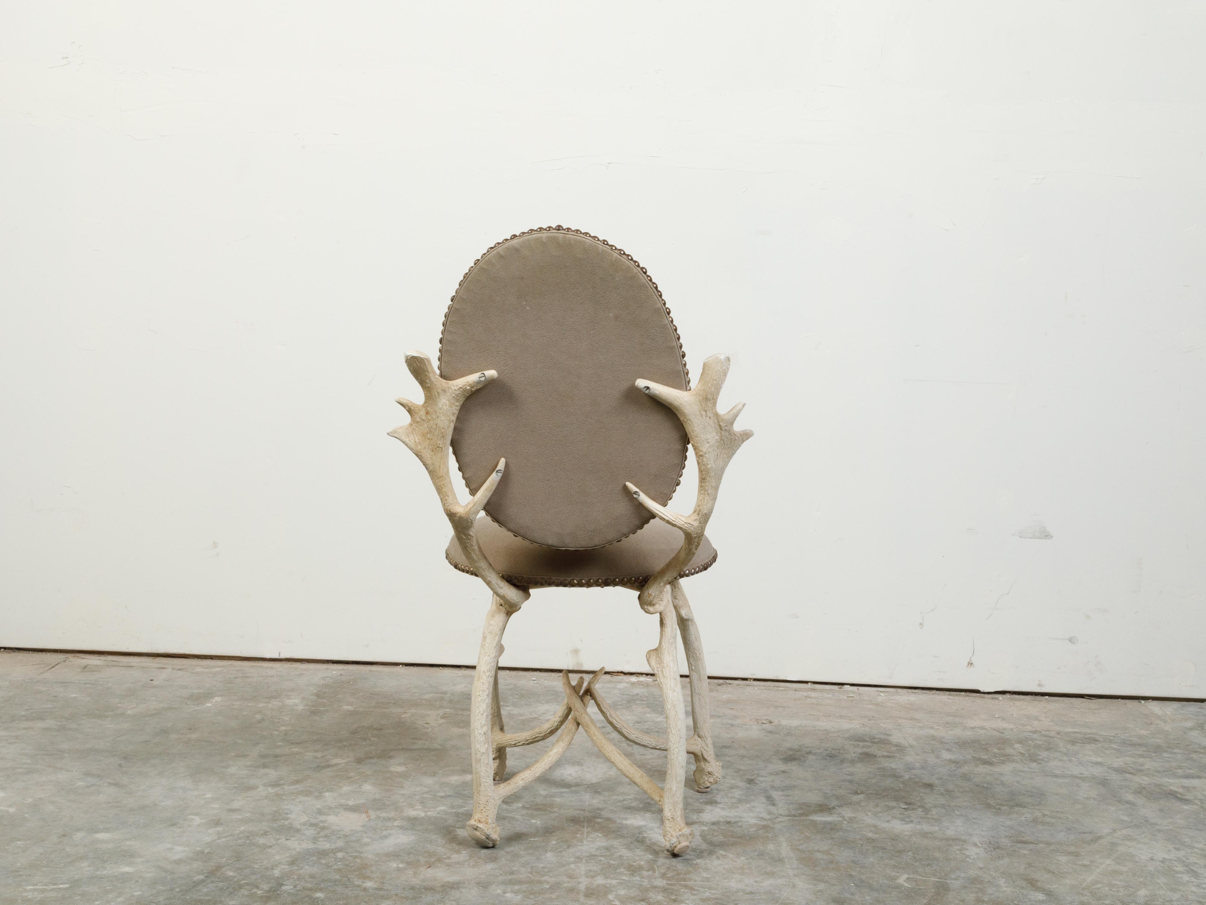 20th Century Rustic French Midcentury Oval Back Side Chair with Painted Faux Antler Base