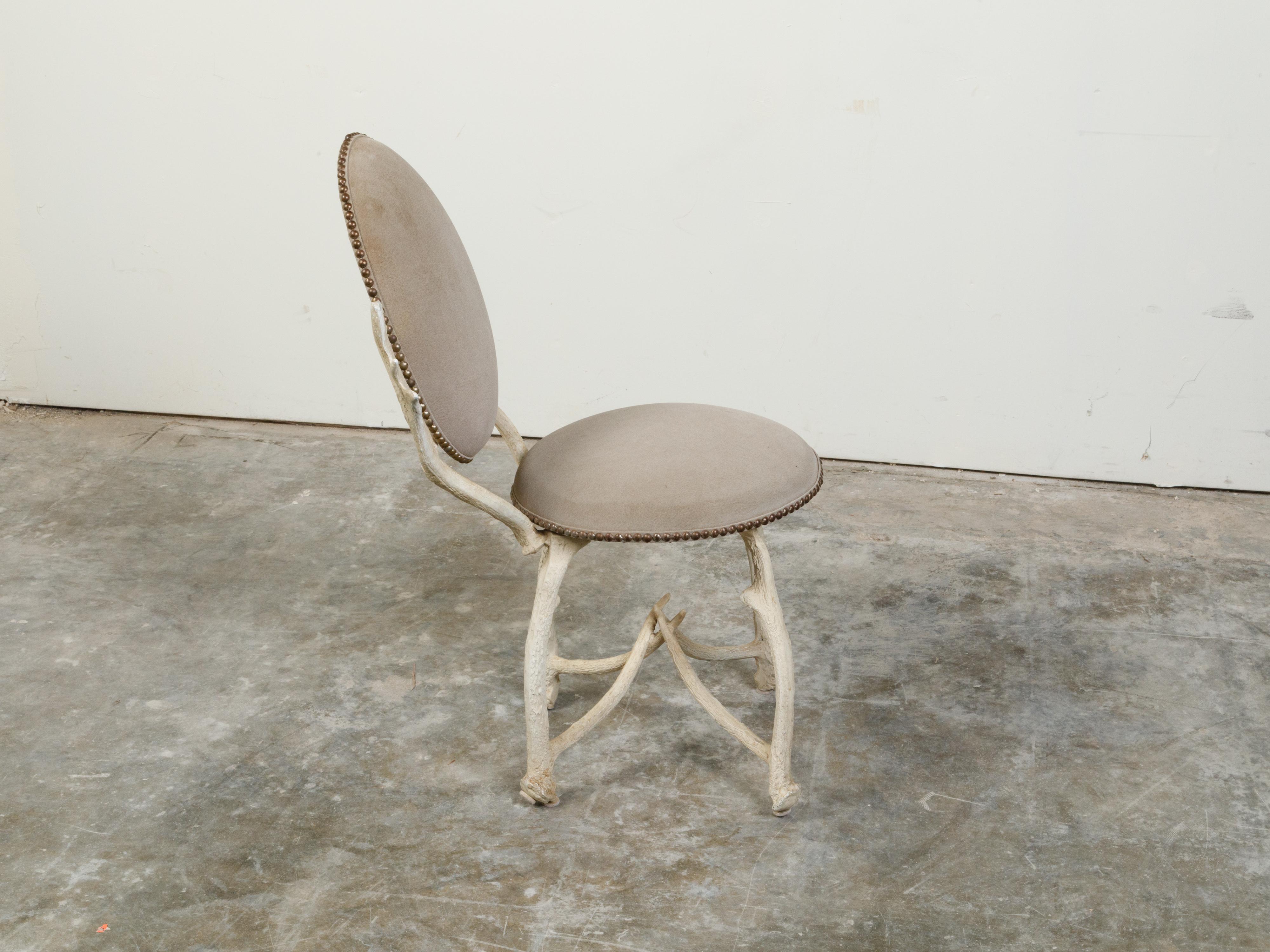 Wood Rustic French Midcentury Oval Back Side Chair with Painted Faux Antler Base