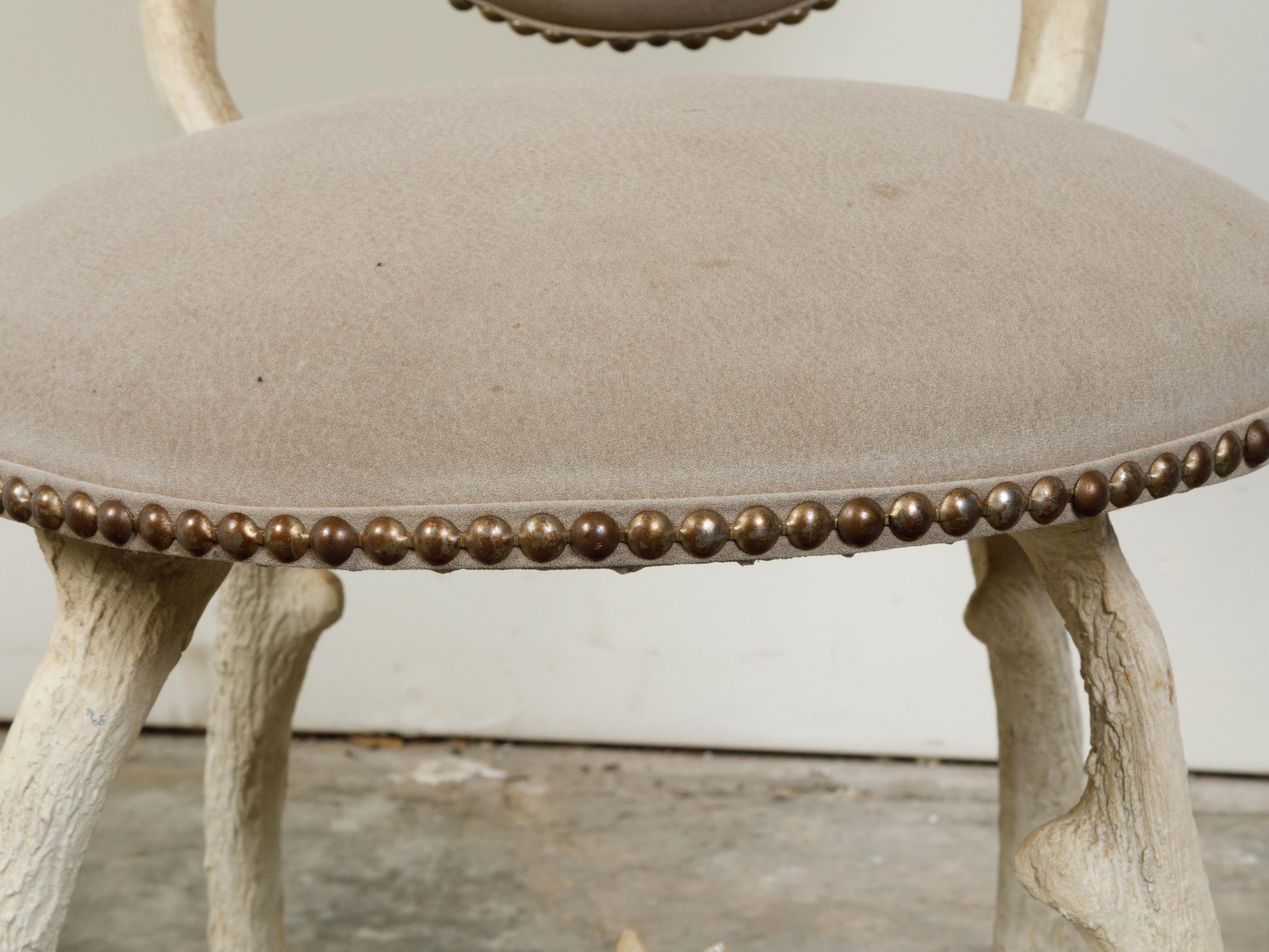 Rustic French Midcentury Oval Back Side Chair with Painted Faux Antler Base 2