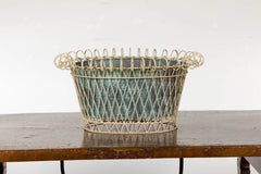 Rustic French Midcentury Oval Metal Cachepot with Scrolling Effects