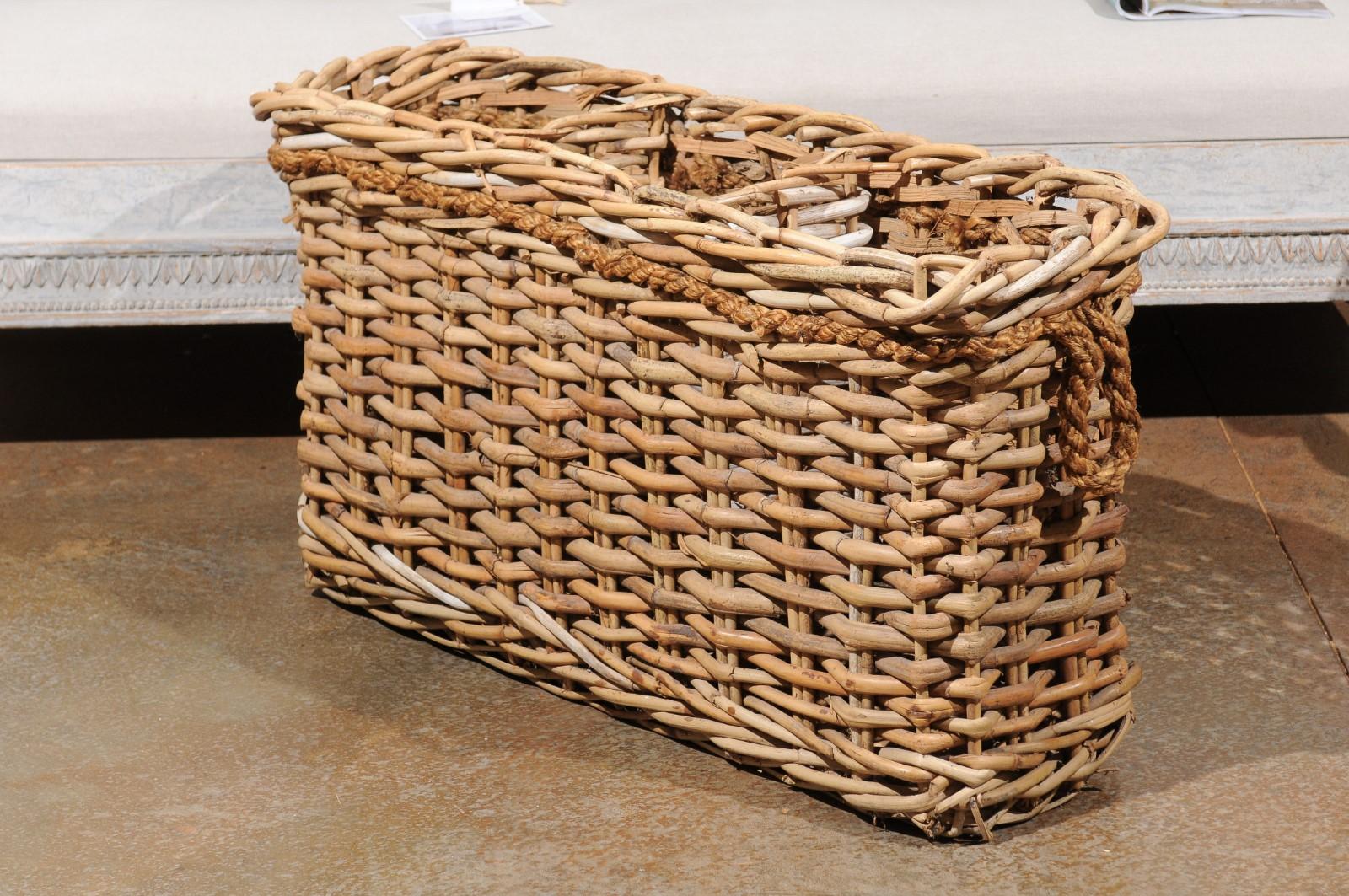 Rustic French Narrow Rectangular Partitioned Wicker Basket with Rope Handles 3