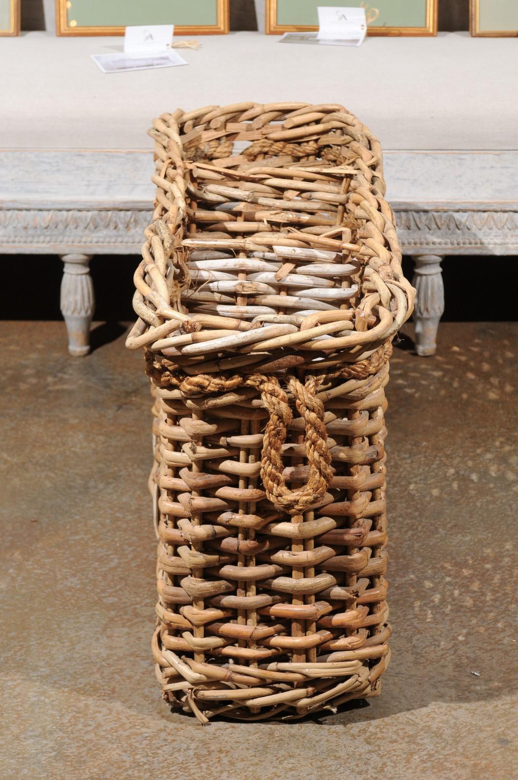 Rustic French Narrow Rectangular Partitioned Wicker Basket with Rope Handles 4