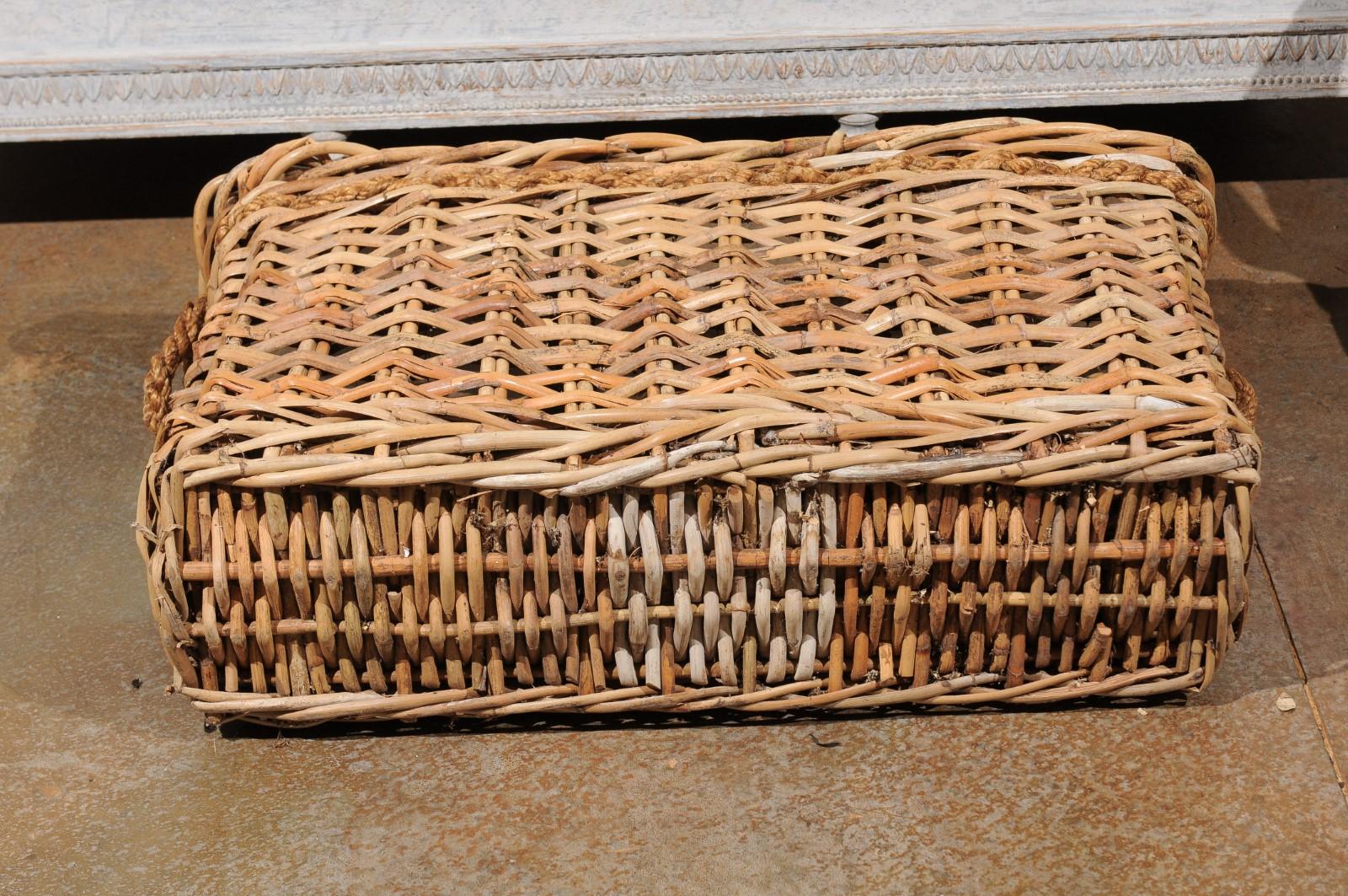 Rustic French Narrow Rectangular Partitioned Wicker Basket with Rope Handles 5