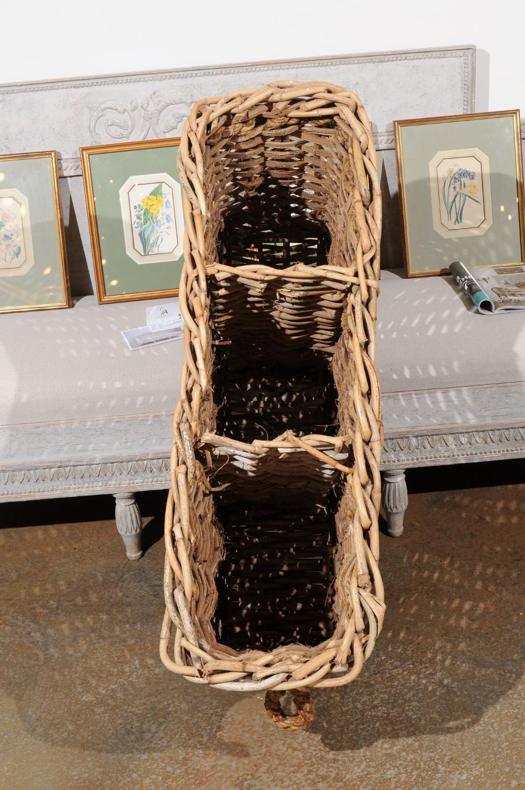 Rustic French Narrow Rectangular Partitioned Wicker Basket with Rope Handles 6